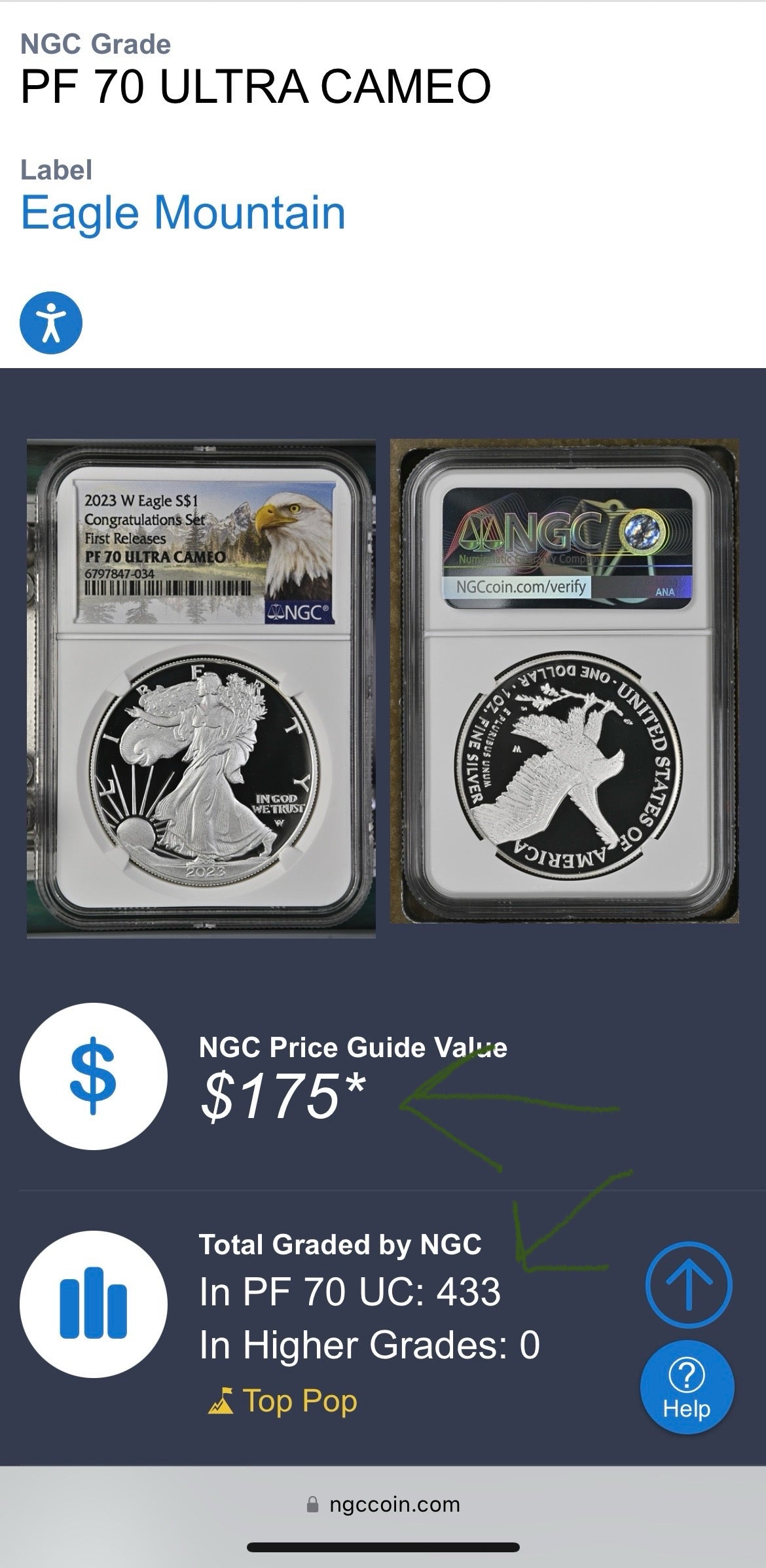 Proof 2023 (W) $1 American Silver Eagle NGC PF70 First Releases Congratulations Set Eagle Mountain Label Mint Condition (1 of 433)