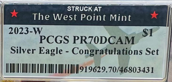 Proof 2023 (W) $1 American Silver Eagle PCGS PR70DCAM West Point Fighter Jet Label Congratulations Set Mint Condition (1 of 24)