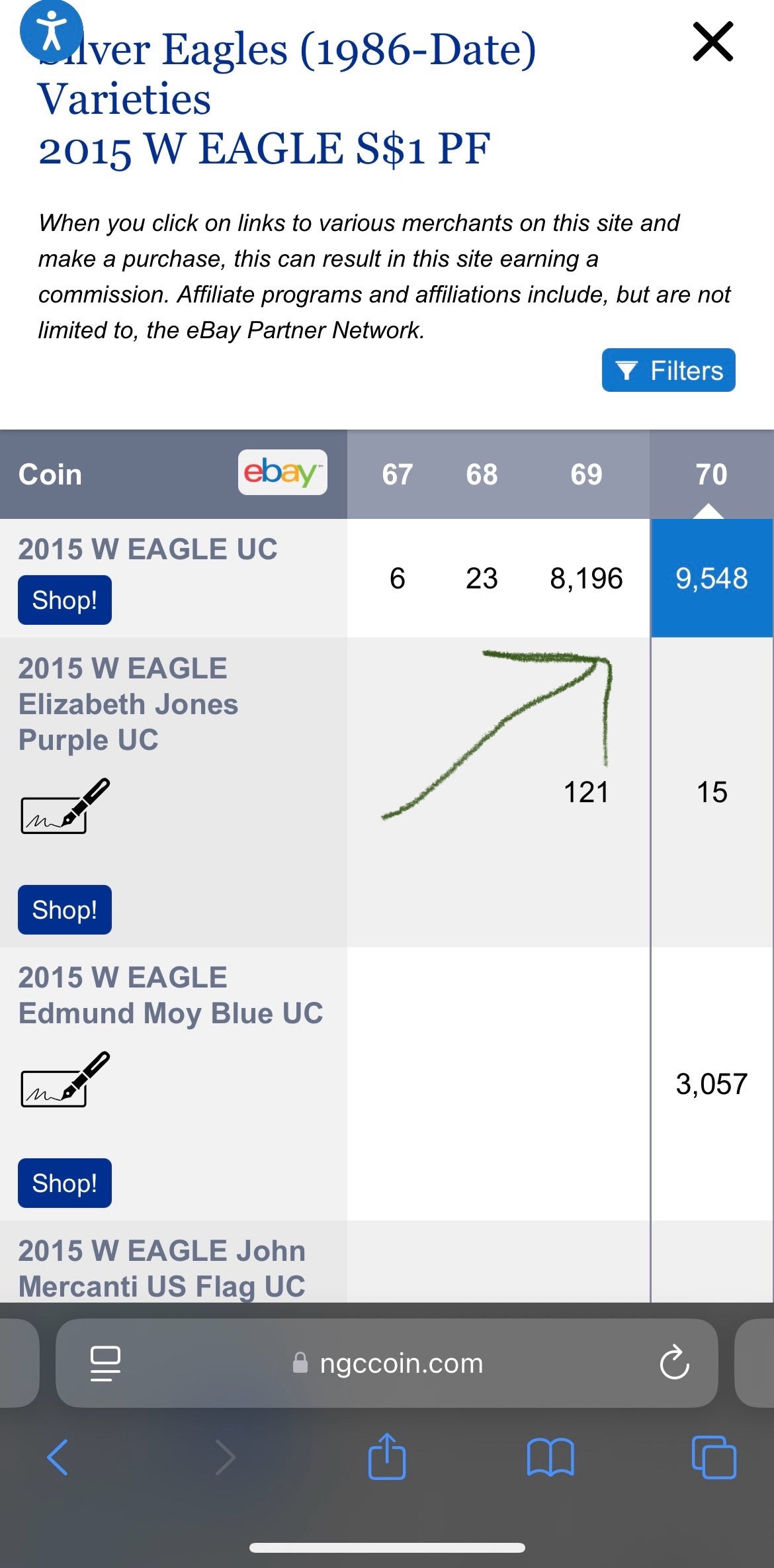 Proof 2015 (W) $1 American Silver Eagle NGC PF70 Classic Brown Label Mint Condition ( 1 of 9,548)