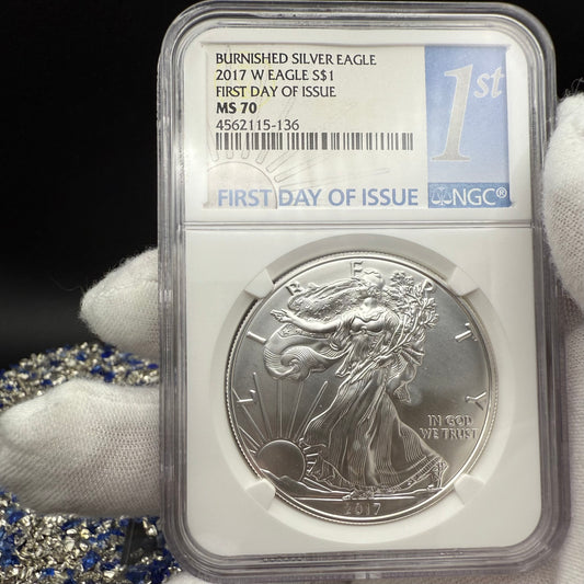 Burnished 2017 (W) $1 American Silver Eagle NGC MS70 FDOI Classic Blue Label Mint!
