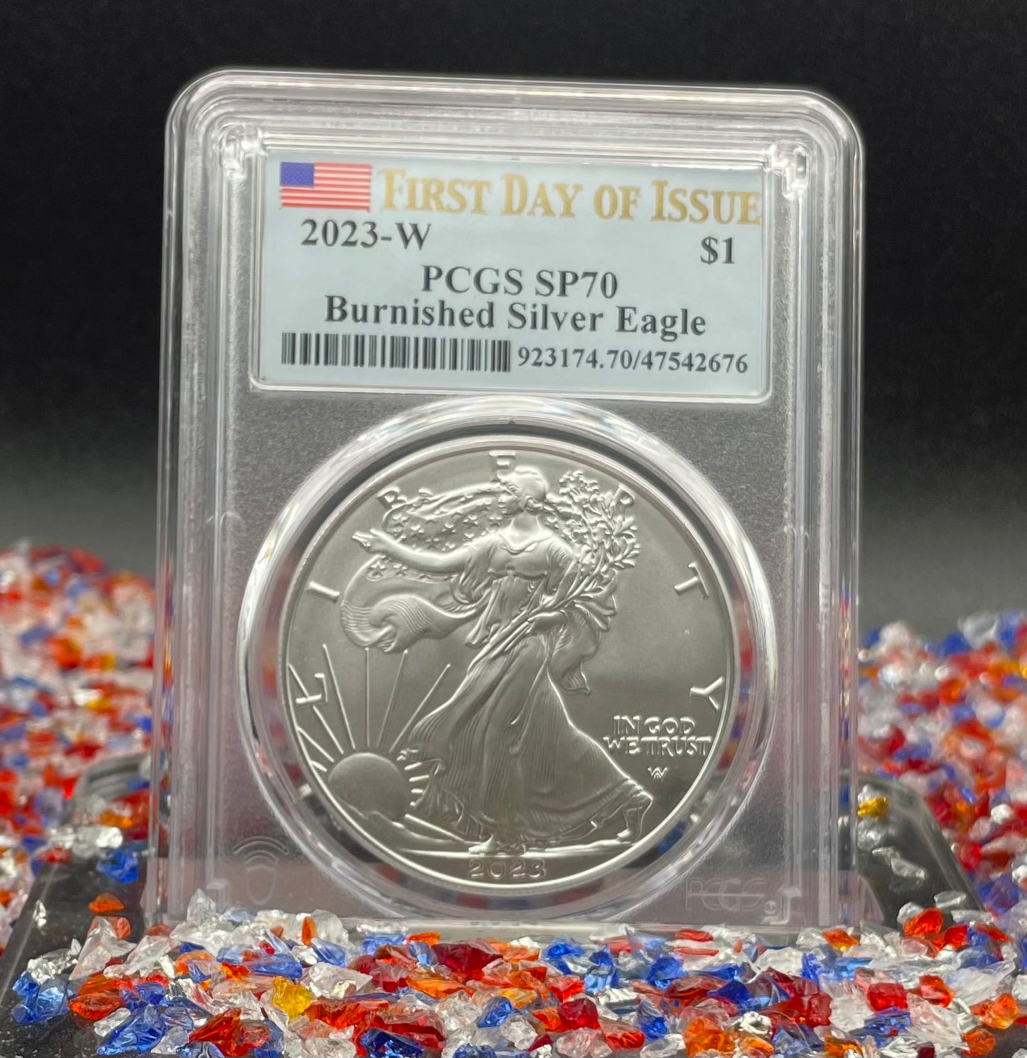 Burnished 2023 (W) $1 American Silver Eagle PCGS SP70 First Day of Issue American Flag Label (1 of 1,869)