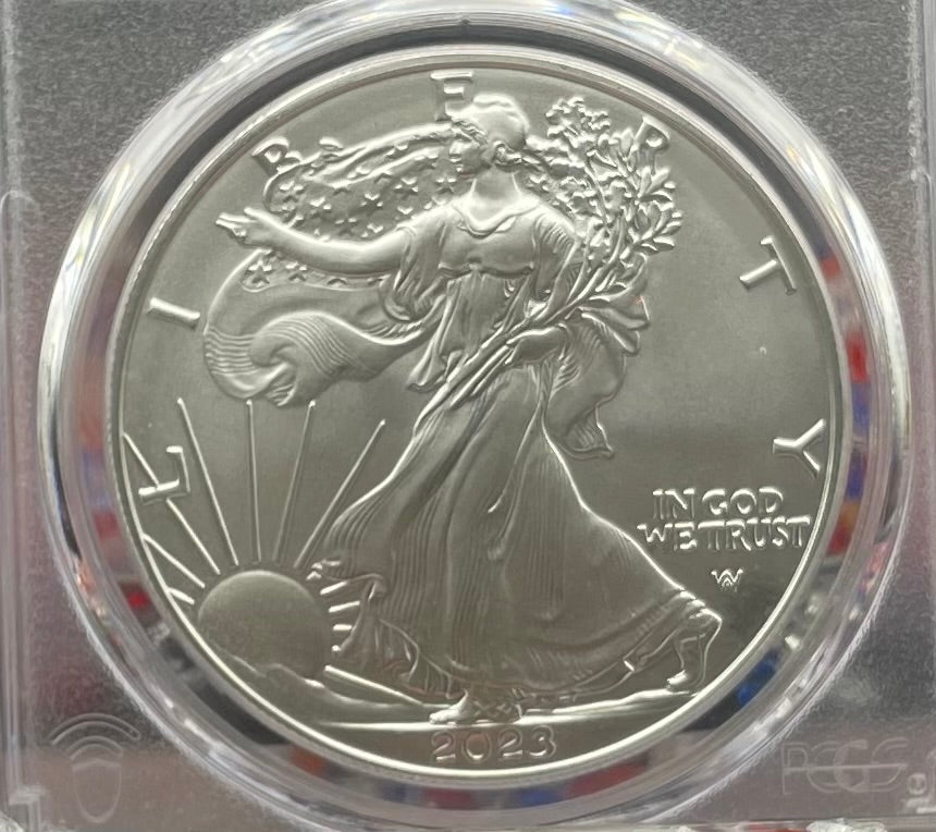 Burnished 2023 (W) $1 American Silver Eagle PCGS SP70 First Day of Issue American Flag Label (1 of 1,869)