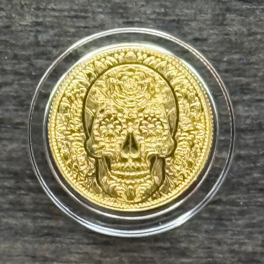 1/200 oz .9999 Fine Gold Bullion Day of the Dead Rose Skull by Monarch Precious Metals Proof Like Finish, Capsule & One World Coin