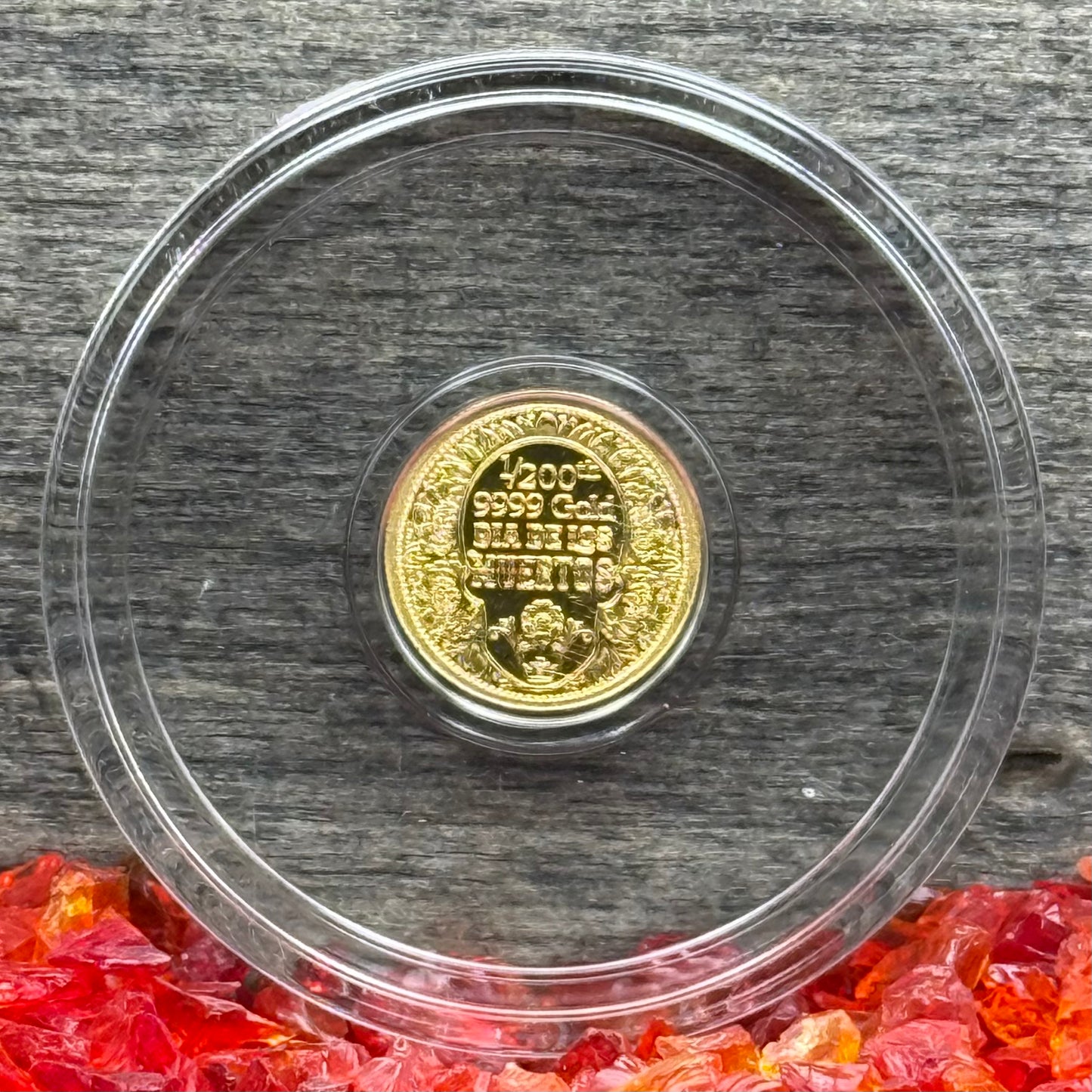 1/200 oz .9999 Fine Gold Bullion Day of the Dead Rose Skull by Monarch Precious Metals Proof Like Finish, Capsule & One World Coin