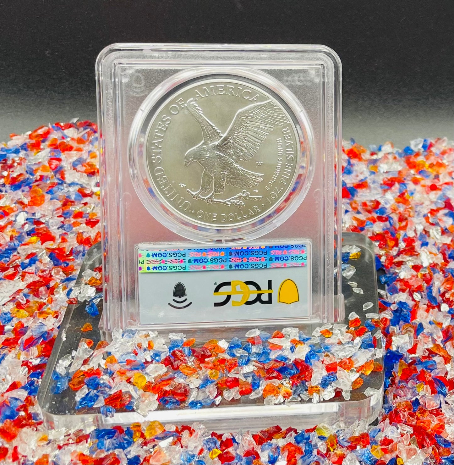 Burnished 2023 (W) $1 American Silver Eagle PCGS SP70 First Day of Issue American Flag Label (1 of 1,869)