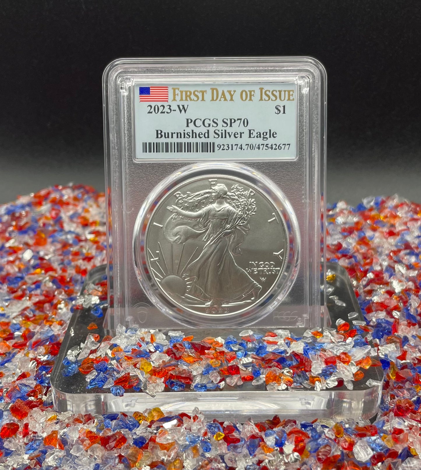 Burnished 2023 (W) $1 American Silver Eagle PCGS SP70 First Day of Issue American Flag Label (1 of 1,869)