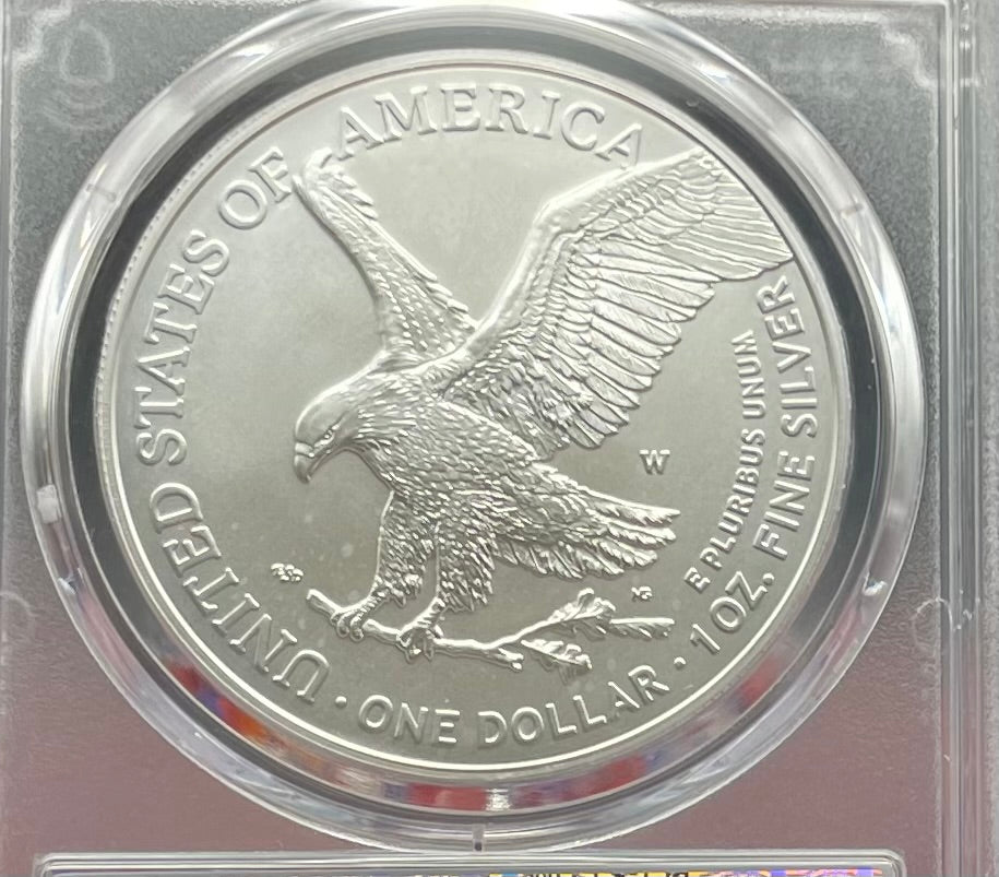Burnished 2023 (W) $1 American Silver Eagle PCGS SP70 First Day of Issue American Flag Label (1 of 1,869)