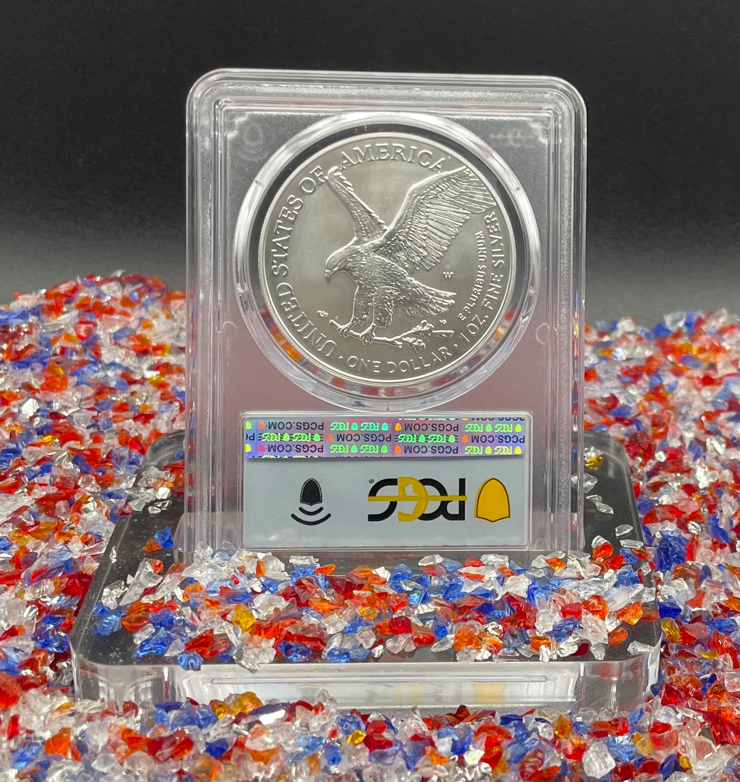 Burnished 2023 (W) $1 American Silver Eagle PCGS SP70 First Day of Issue American Flag Label Mint Condition (1 of 1,869)