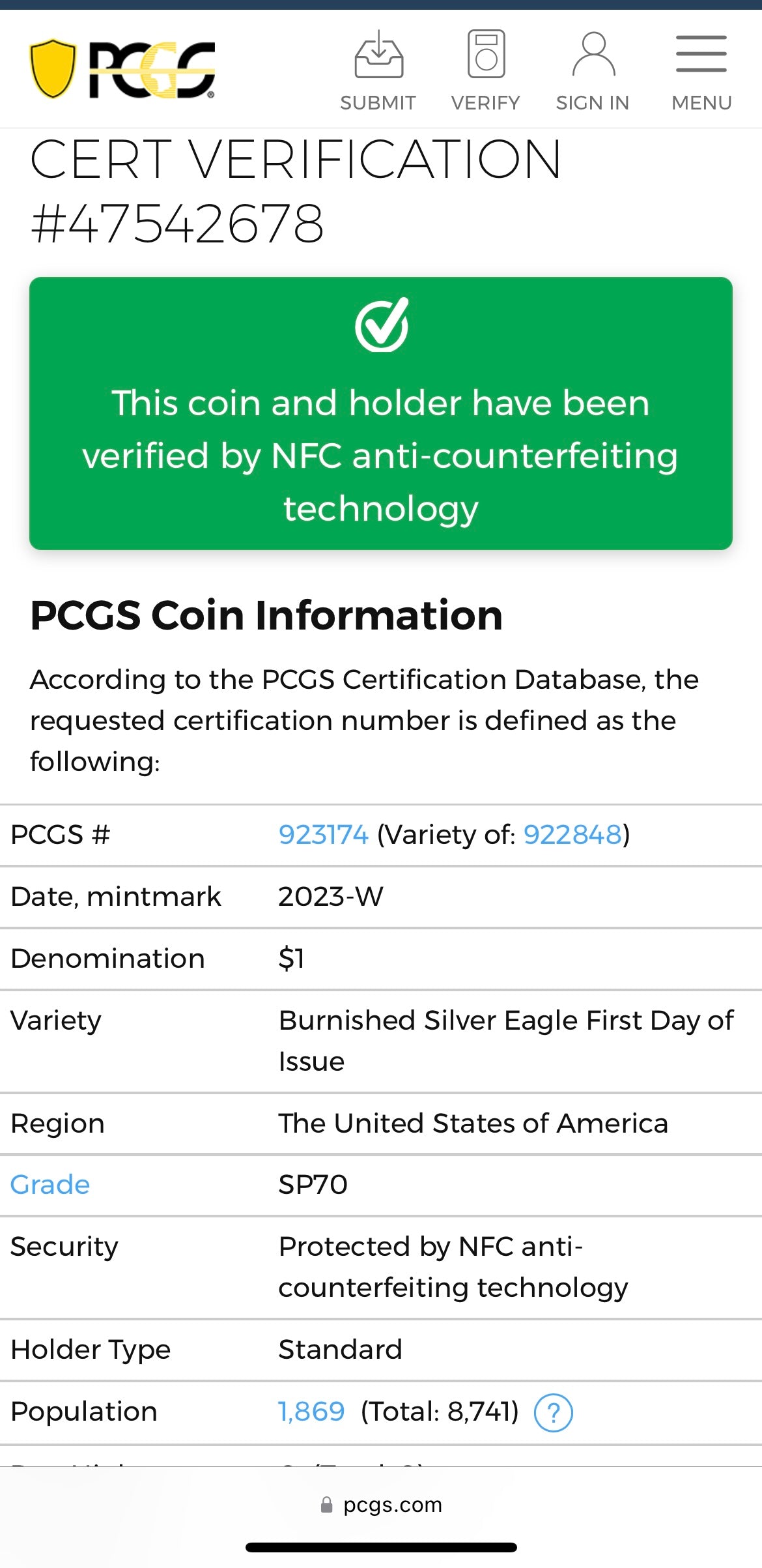 Burnished 2023 (W) $1 American Silver Eagle PCGS SP70 First Day of Issue American Flag Label Mint Condition (1 of 1,869)