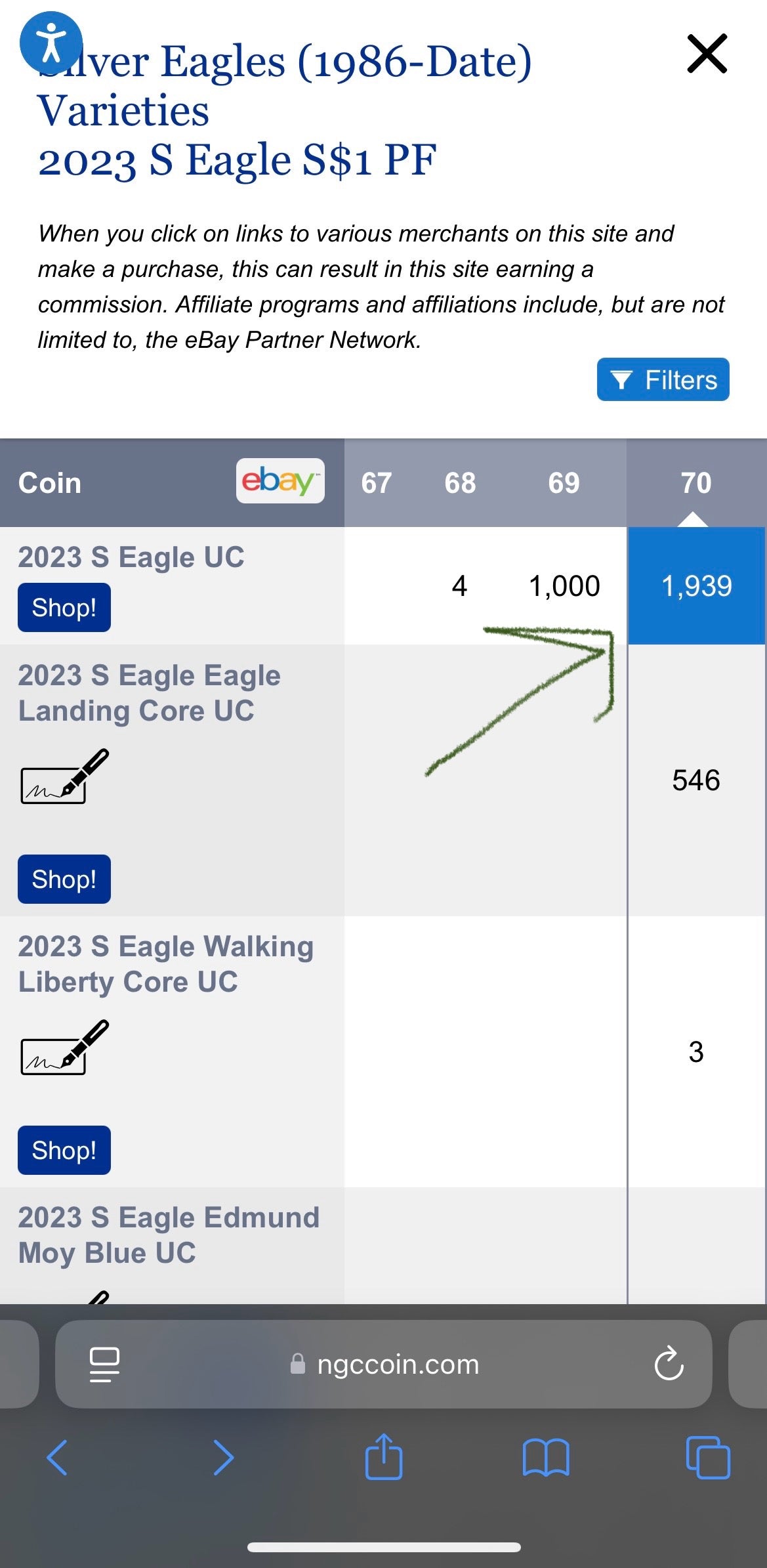 Proof 2023 (S) $1 American Silver Eagle NGC PF70 Brown Label Mint Condition (1 of 1,939)