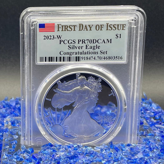 Proof 2023 (W) $1 American Silver Eagle PCGS PR70DCAM FDOI American Flag Label Congratulations Set. Mint Condition (1 of 695)