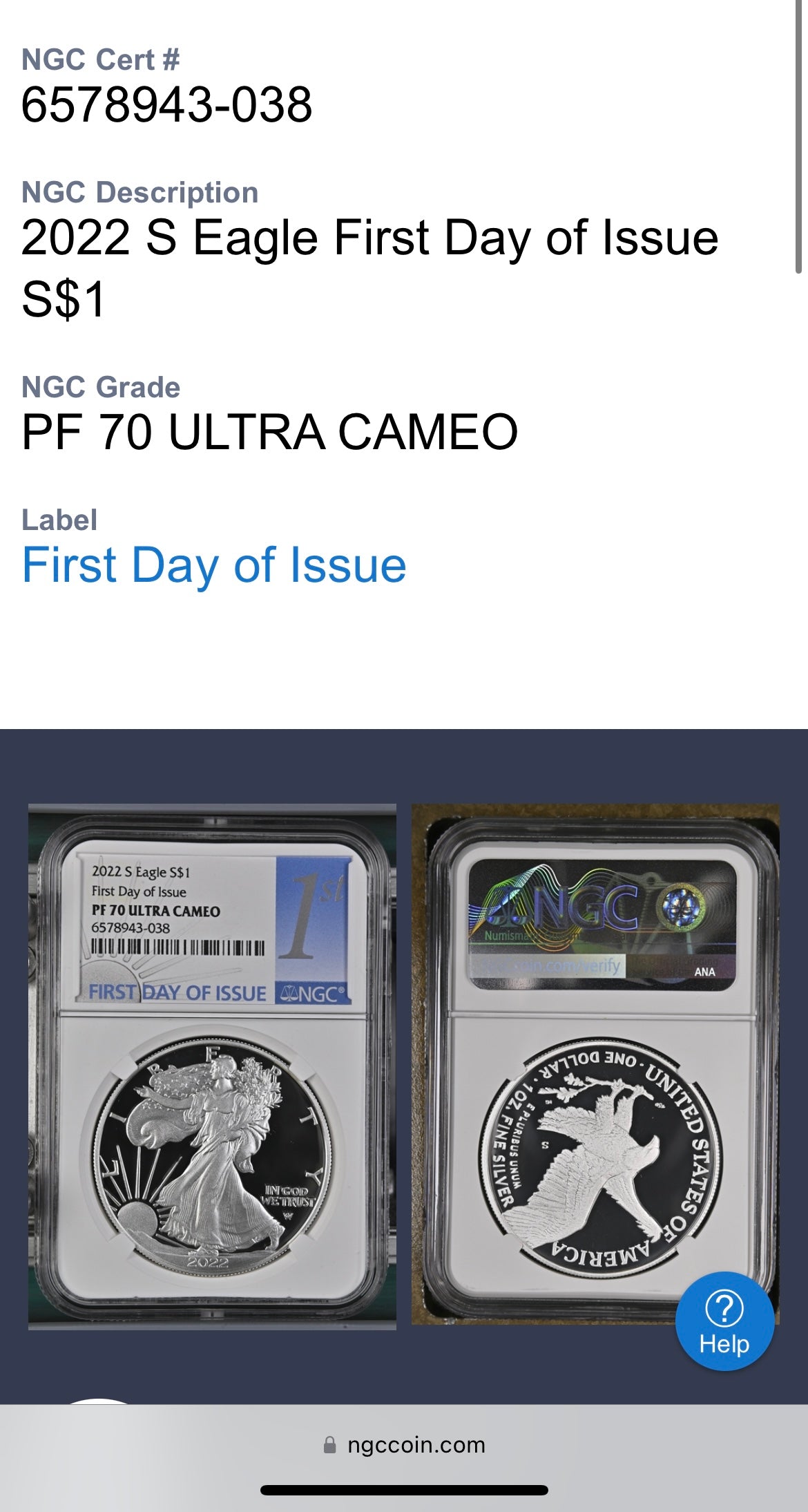 Proof 2022 (S) $1 American Silver Eagle NGC PF70 FDOI Label White Core Mint Condition (1 of 3,825)