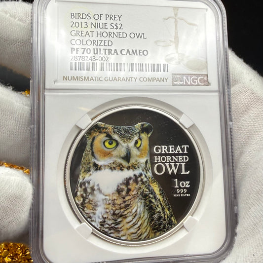 2013 Niue Silver Dollar $2 NGC PF70UC Birds of Prey - Great Horned Owl Colorized (1 of 10) Mint