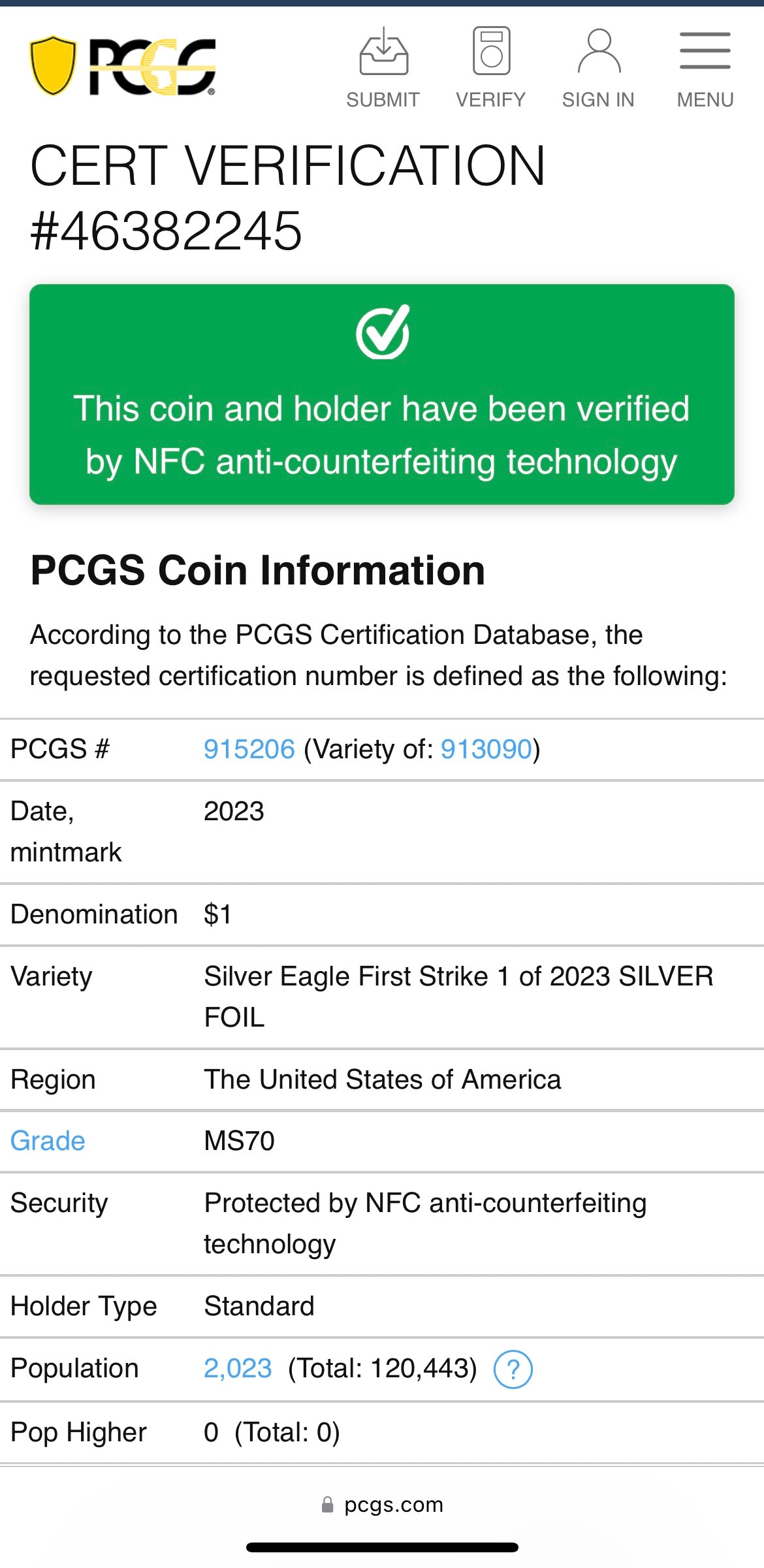 2023 $1 American Silver Eagle PCGS MS70 First Strike Silver Foil Label (Rare 1 of 2023)