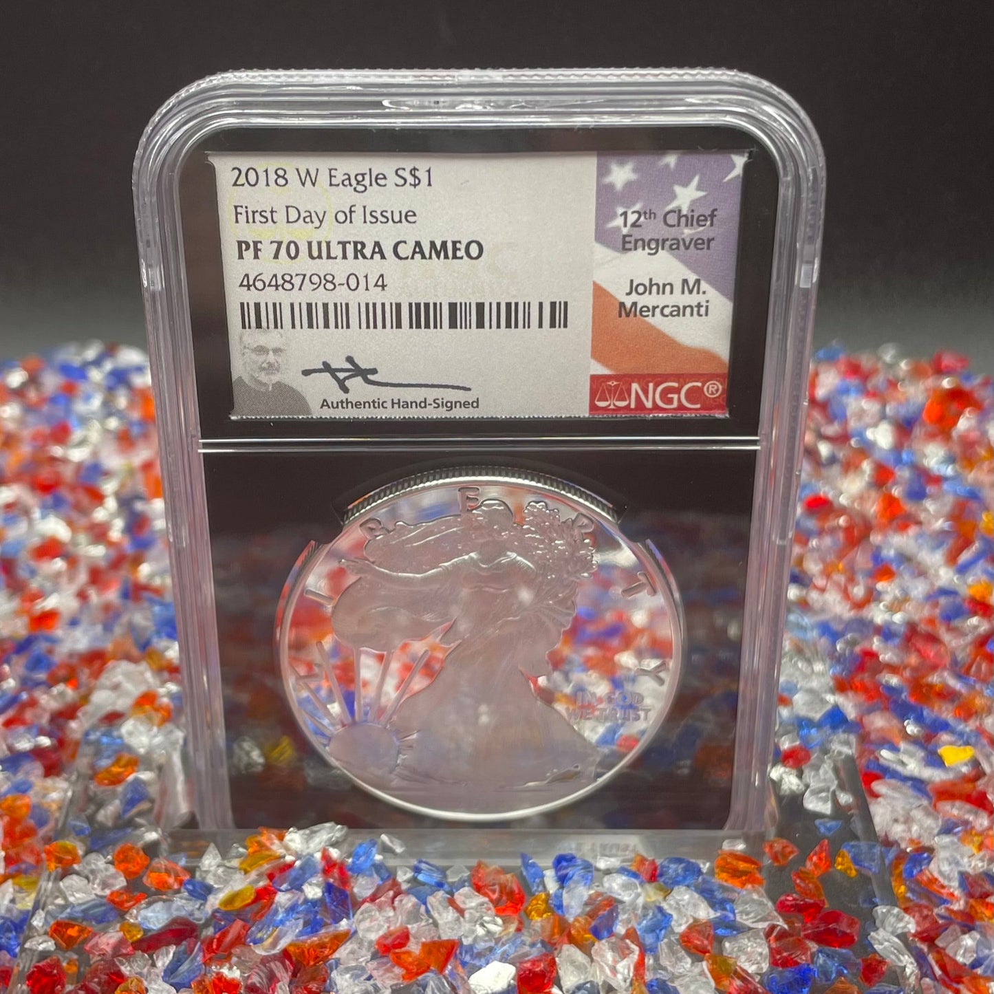 Proof 2018 (W) $1 American Silver Eagle NGC PF70 American Flag Label John Mercanti Signed (1 of 1,128)