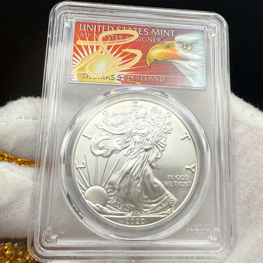 2020 Burnished $1 American Silver Eagle PCGS SP70 Thomas Cleveland Signed Rare Sun Label 1 of 15