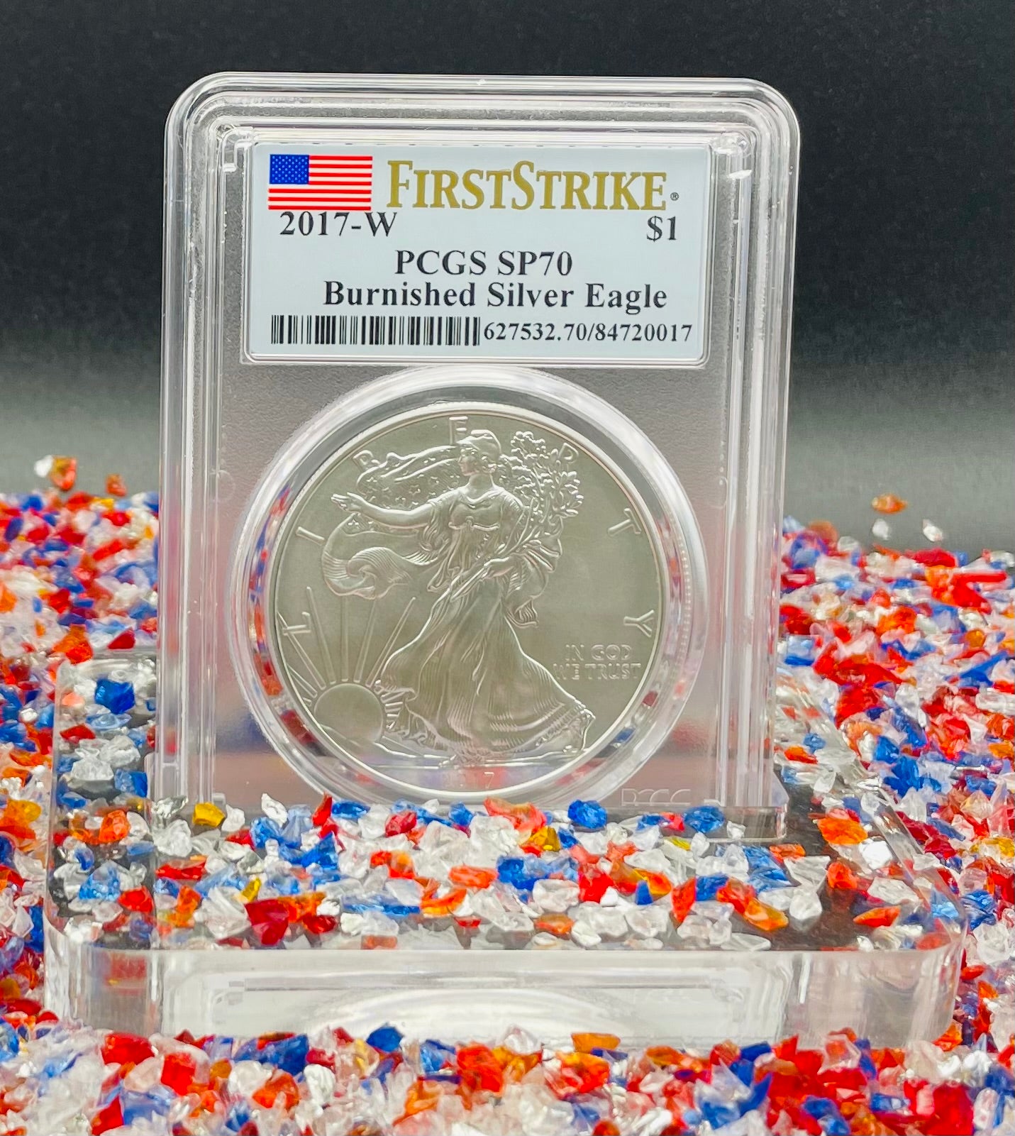 Burnished 2017 (W) $1 American Silver Eagle PCGS SP70 First Strike American Flag Label Mint Condition (1 of 4,869)