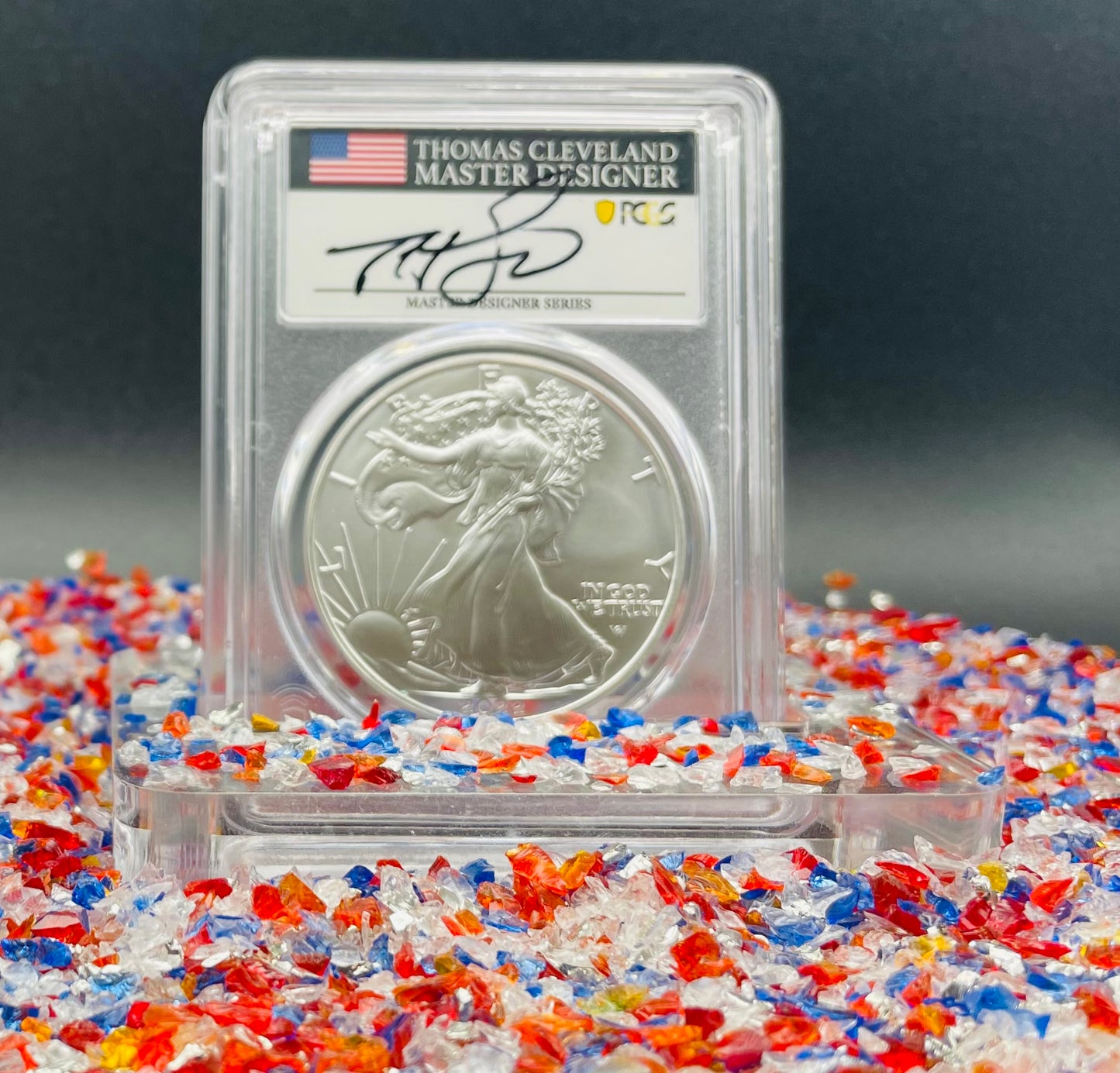 2022 (W) $1 American Silver Eagle PCGS MS70 Master Designer Thomas Cleveland Signed American Flag Black Label Mint Condition (1 of 150)