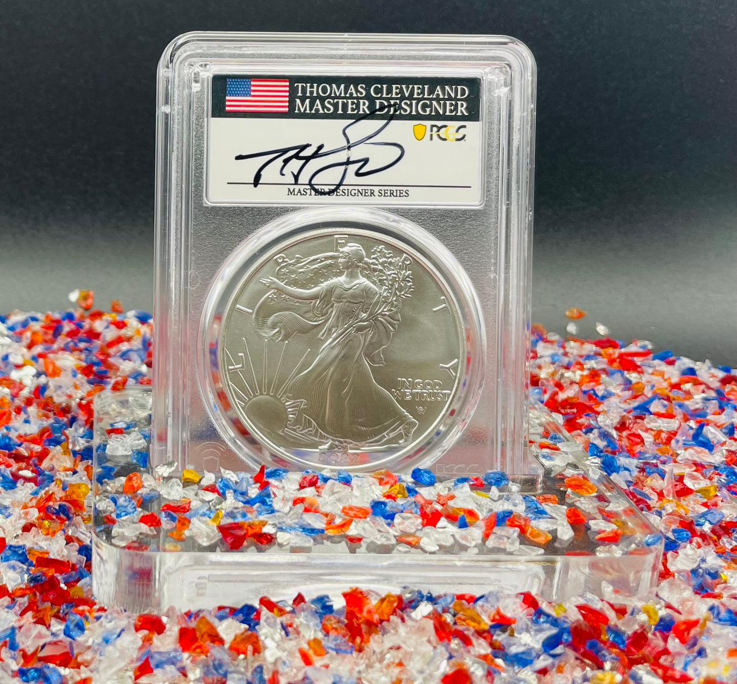 2022 (W) $1 American Silver Eagle PCGS MS70 Master Designer Thomas Cleveland Signed American Flag Black Label Mint Condition (1 of 150)
