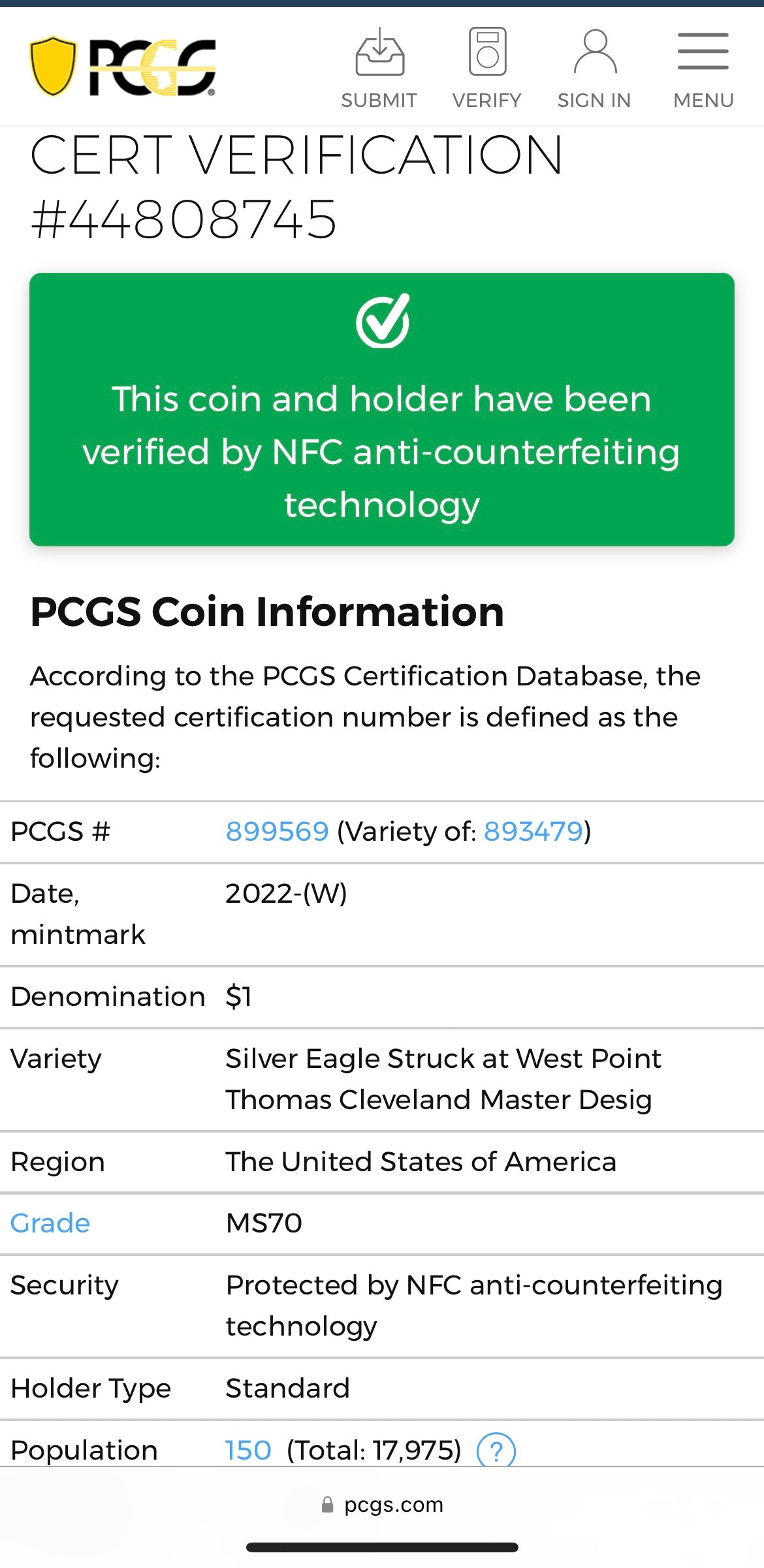 2022 (W) $1 American Silver Eagle PCGS MS70 Master Designer Thomas Cleveland Signed American Flag Black Label Mint Condition (1 of 150)