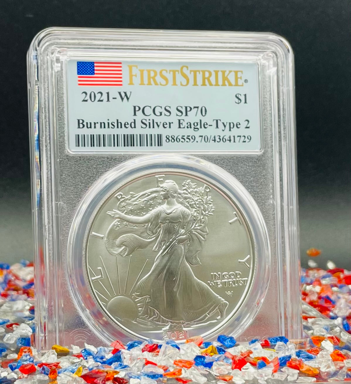 Burnished 2021 (W) $1 American Silver Eagle PCGS SP70 First Strike Type 2 American Flag Label Mint Condition (1 of 3,659)