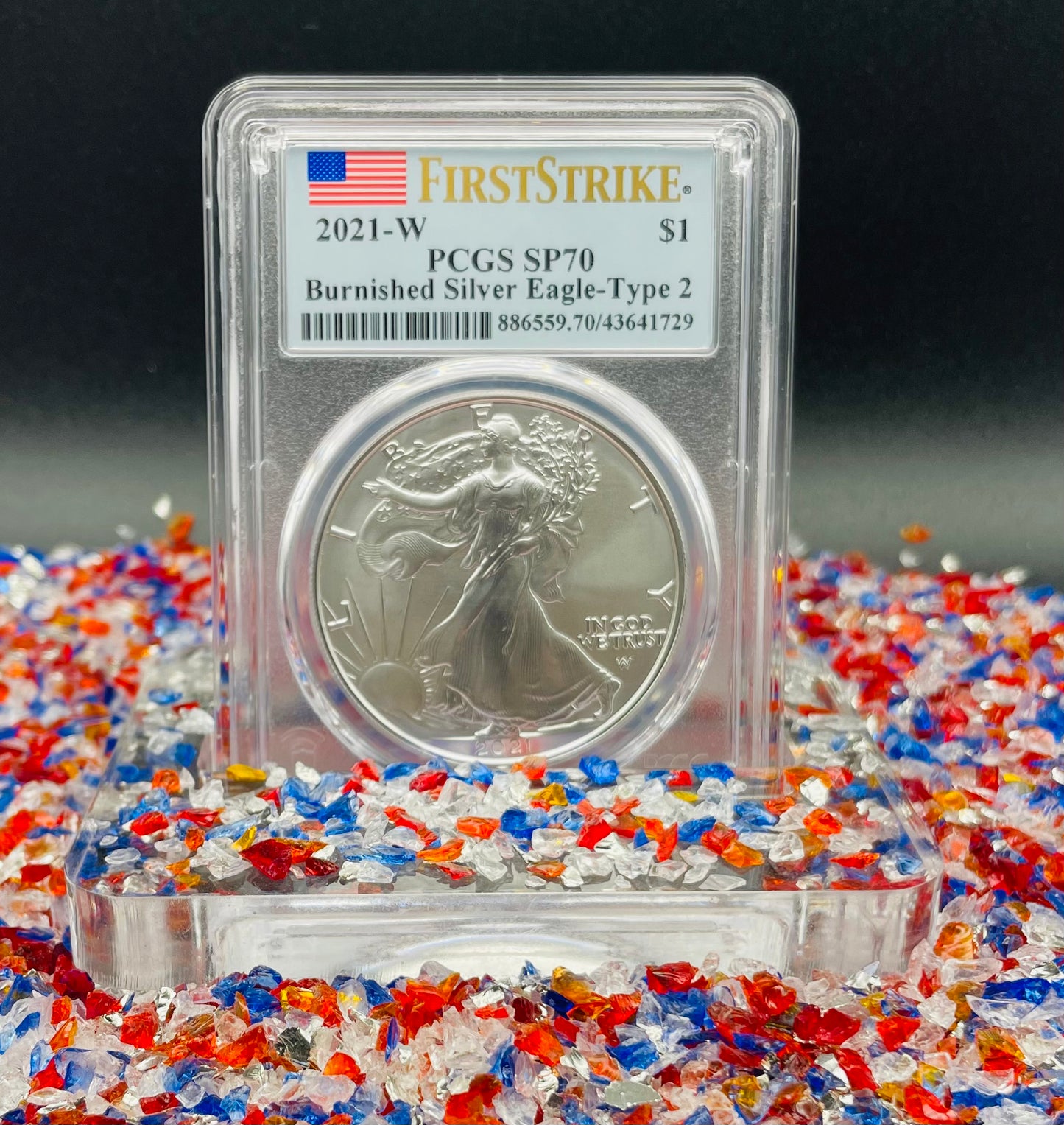 Burnished 2021 (W) $1 American Silver Eagle PCGS SP70 First Strike Type 2 American Flag Label Mint Condition (1 of 3,659)