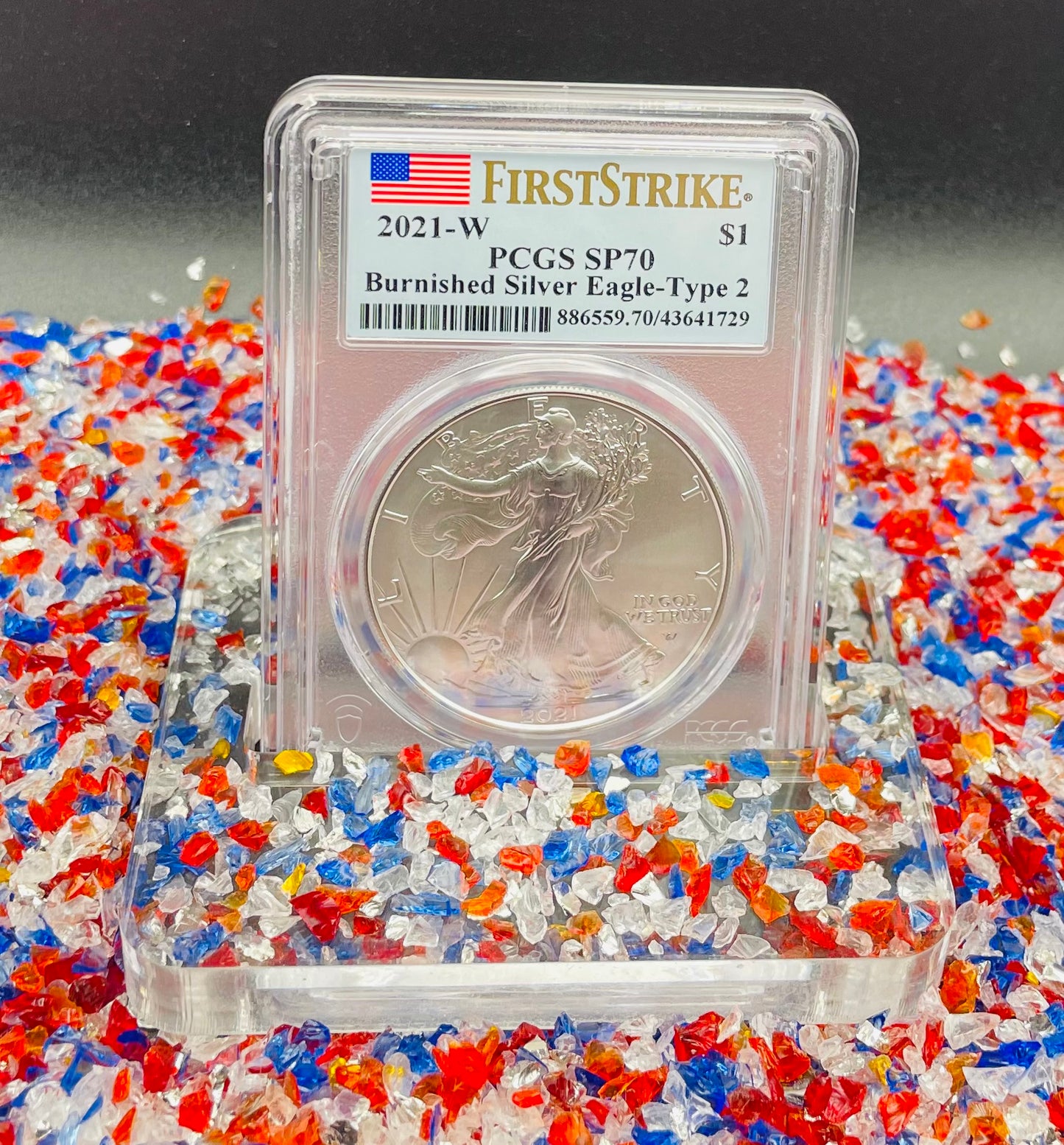 Burnished 2021 (W) $1 American Silver Eagle PCGS SP70 First Strike Type 2 American Flag Label Mint Condition (1 of 3,659)