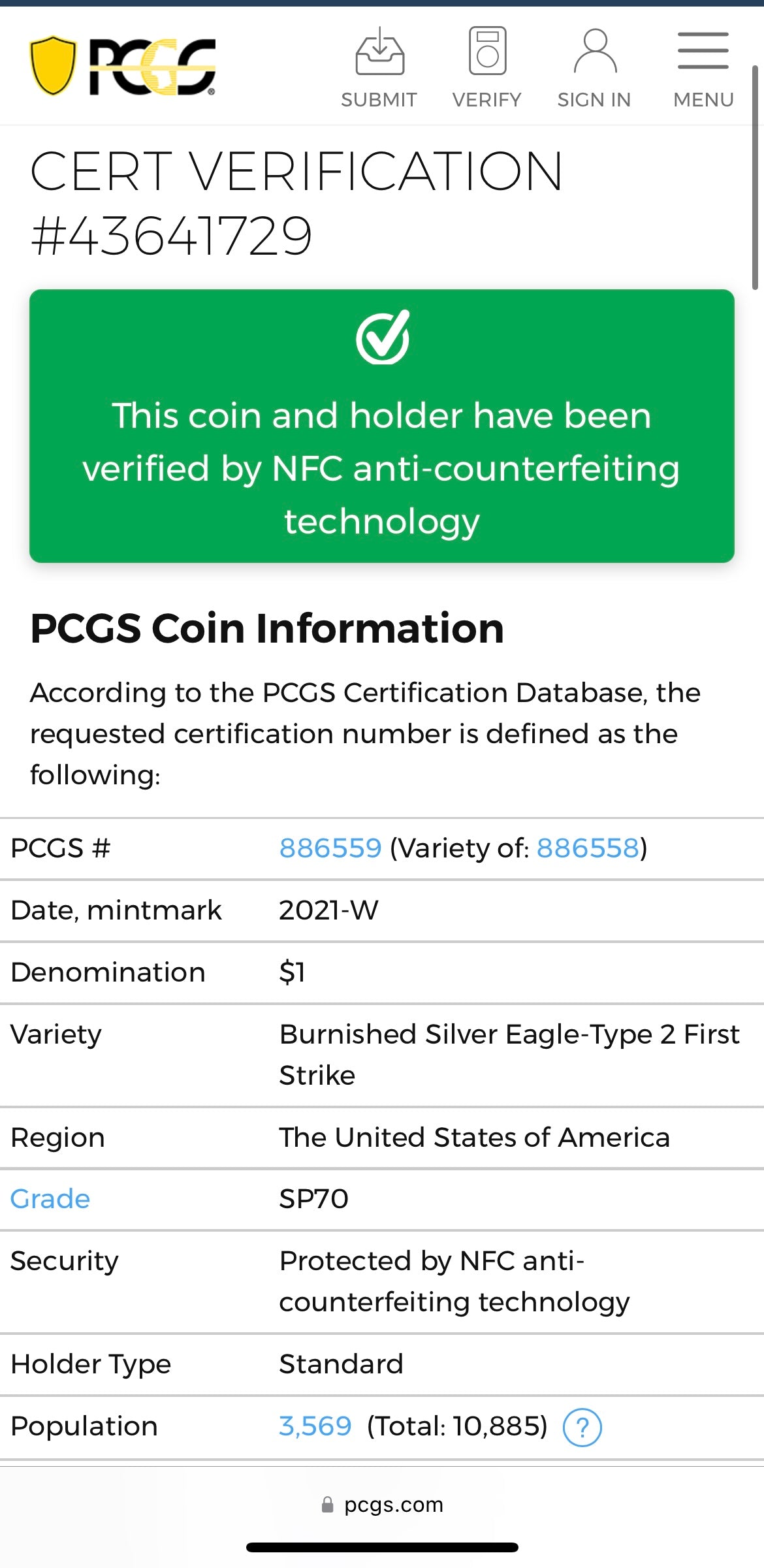 Burnished 2021 (W) $1 American Silver Eagle PCGS SP70 First Strike Type 2 American Flag Label Mint Condition (1 of 3,659)