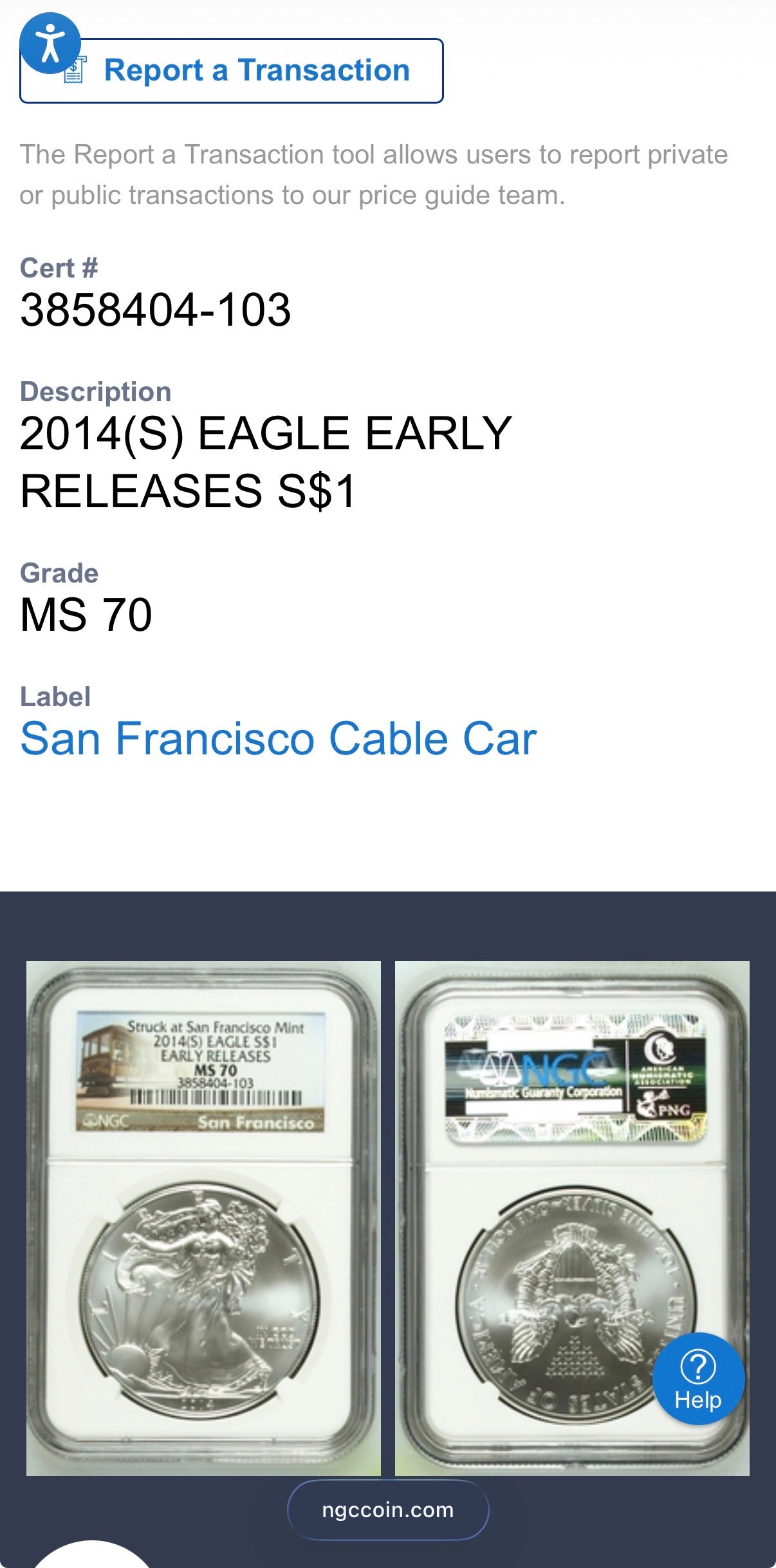 2014 San Francisco $1 American Silver Eagle NGC MS70 Early Releases Trolly Label Mint Condition