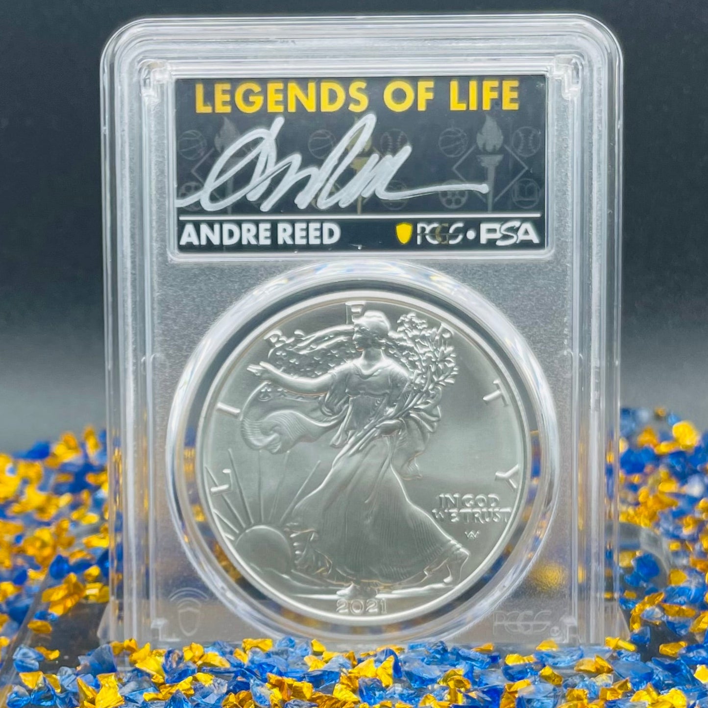 2021 T-2 $1 (W) American Silver Eagle PCGS MS70 NFL Hall of Fame Andre Reed Signed 1 of 100