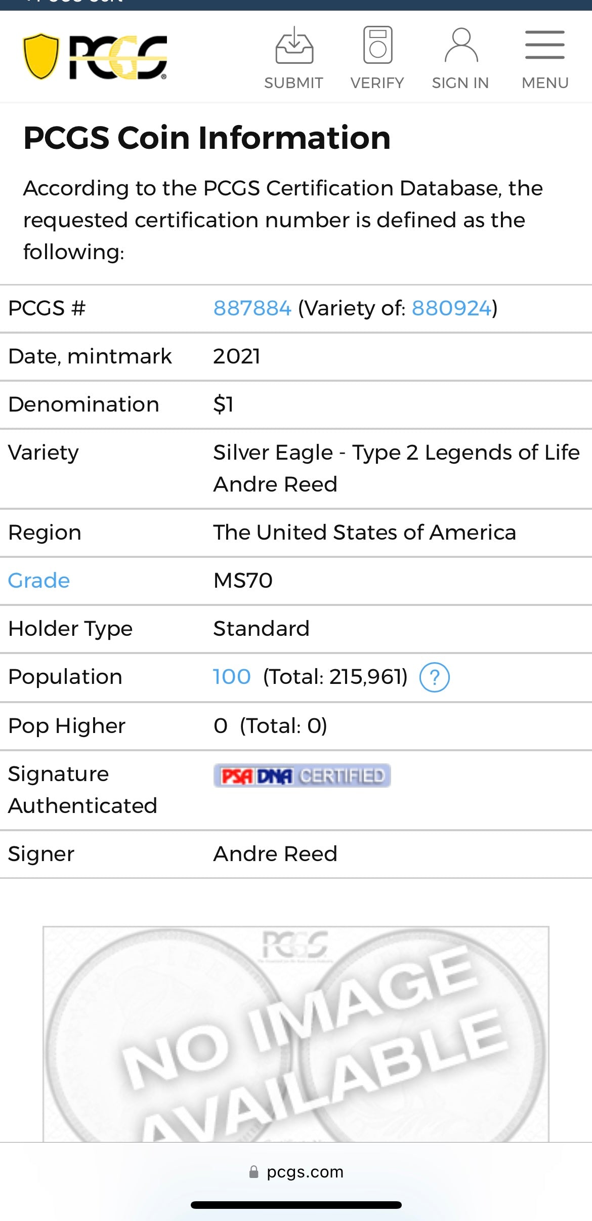 2021 T-2 $1 (W) American Silver Eagle PCGS MS70 NFL Hall of Fame Andre Reed Signed 1 of 100