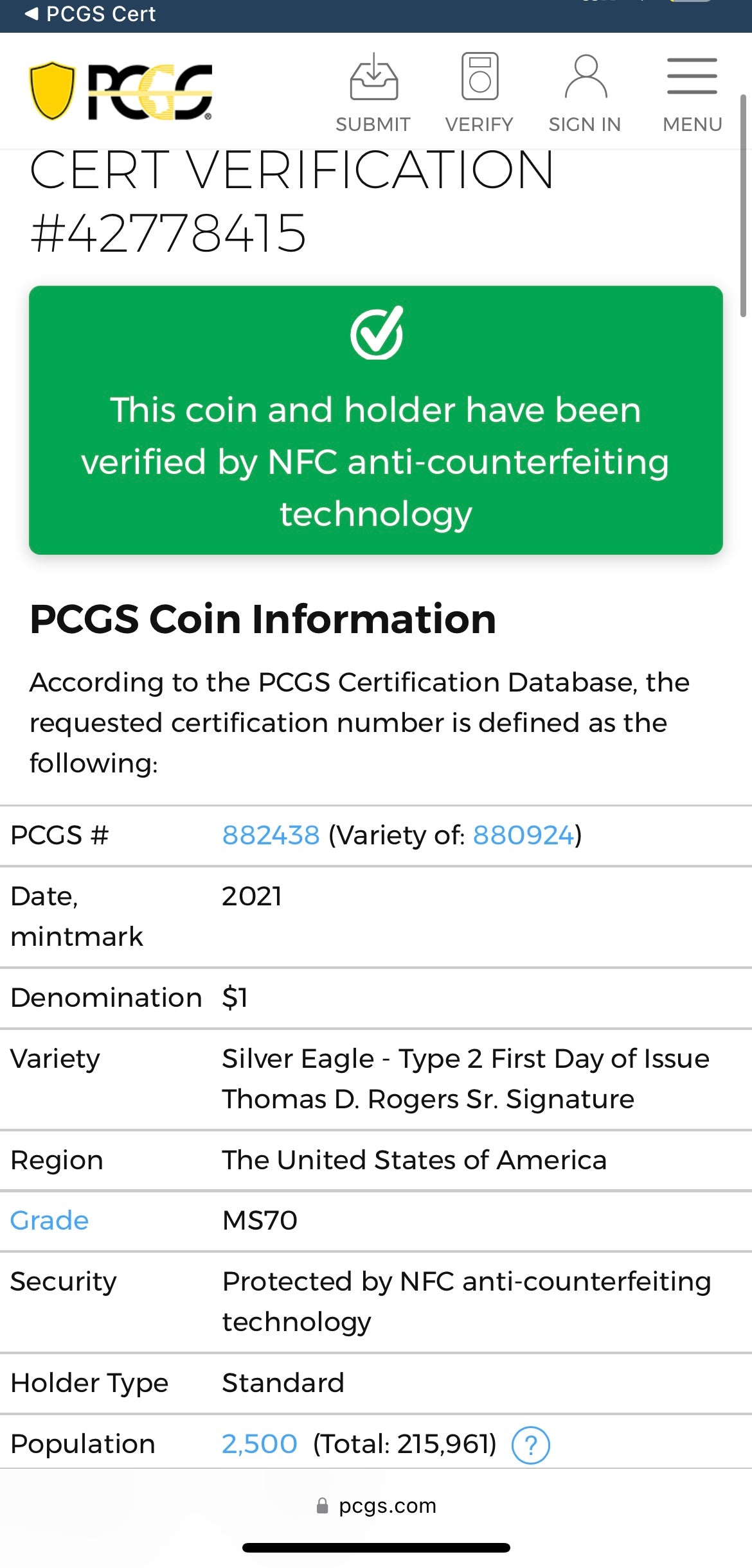 2021 $1 American Silver Eagle PCGS MS70 Type 2 Thomas Rogers Signed Label Mint Condition Rare (1 of 2500)