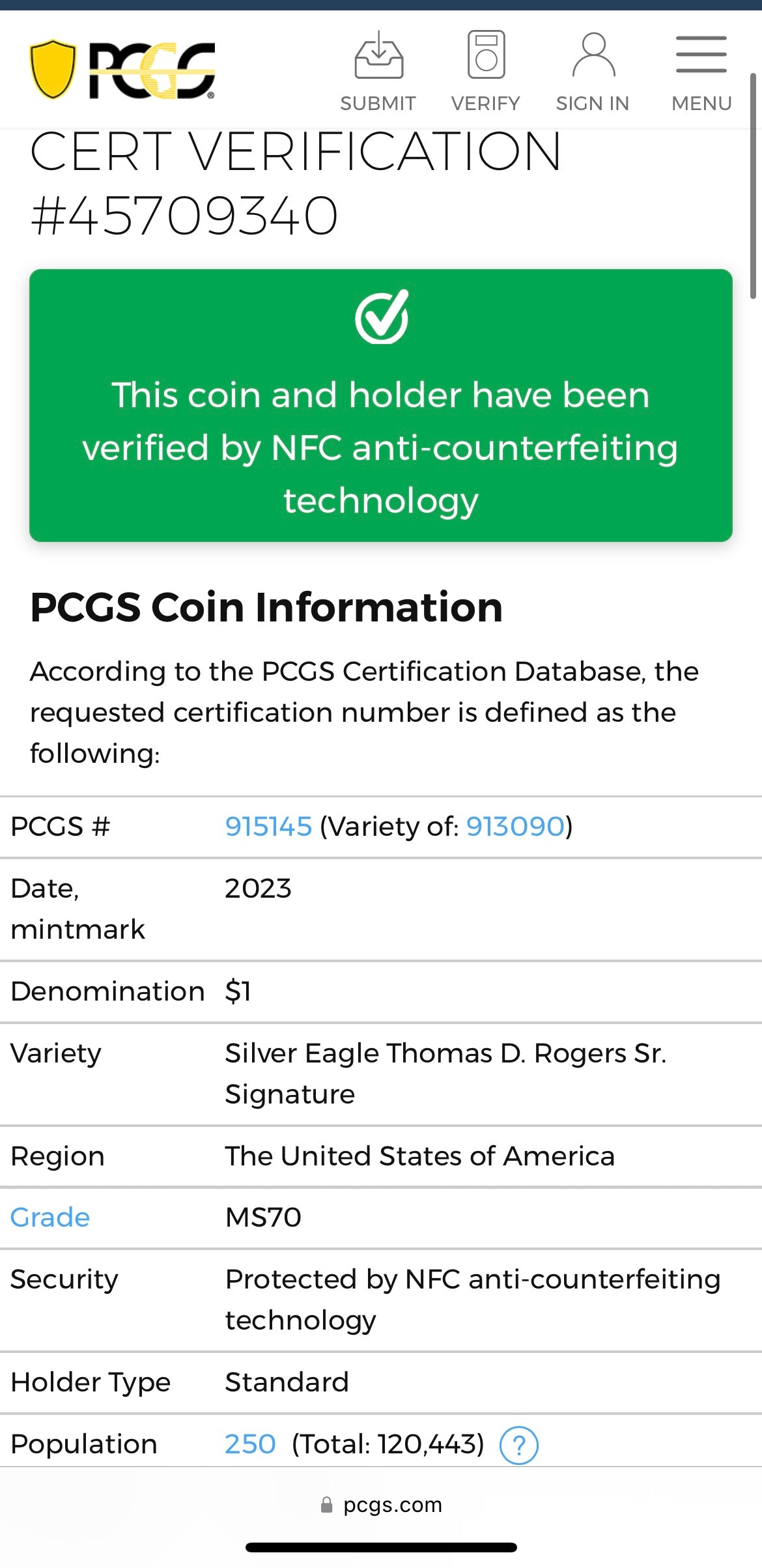 2023 $1 American Silver Eagle PCGS MS70 Thomas Rogers Signed Flag Label Mint Condition (Rare 1 of 250)