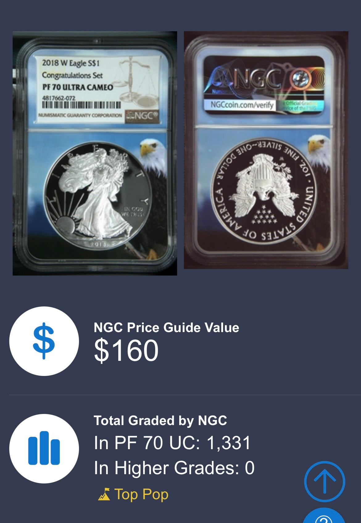 Proof 2018 (W) $1 American Silver Eagle NGC PF70 Congratulations Set Eagle Holder Mint Condition (Rare 1 of 1,331)