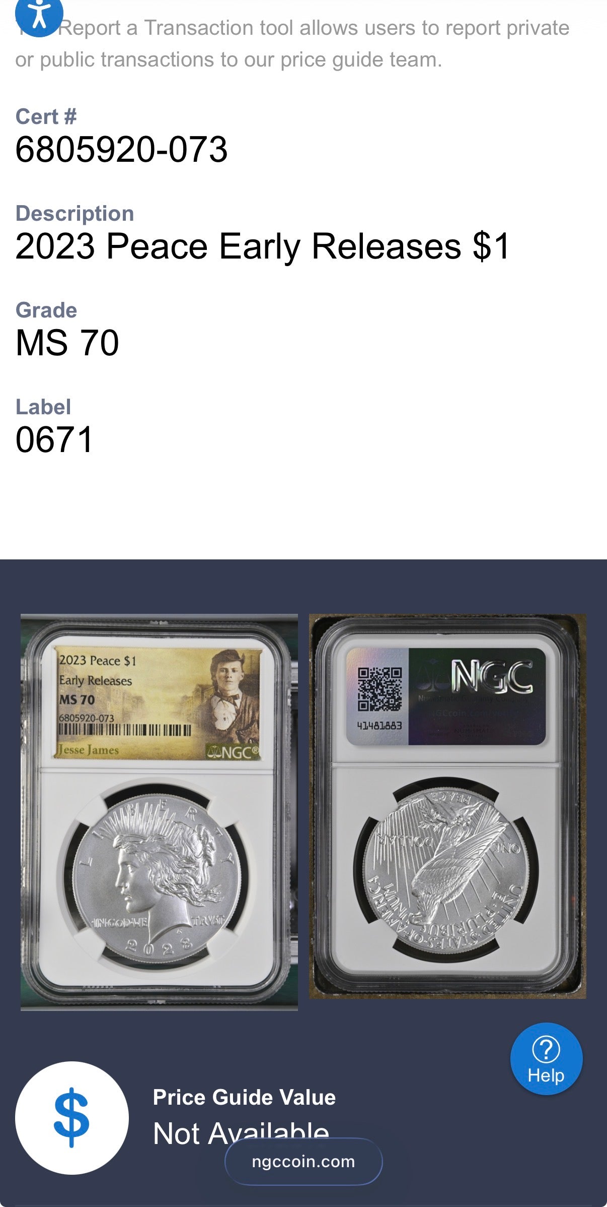 2023 United States Peace Silver Dollar $1 NGC Early Releases MS70 Jessie James Label Mint! (1 of 7,329)