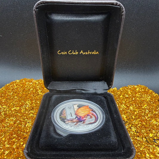 2014 1 oz Tuvaluan Silver Dollar $1 Brilliant Uncirculated Mystical Creatures Series - Dragon Colorized, Leather Case, COA