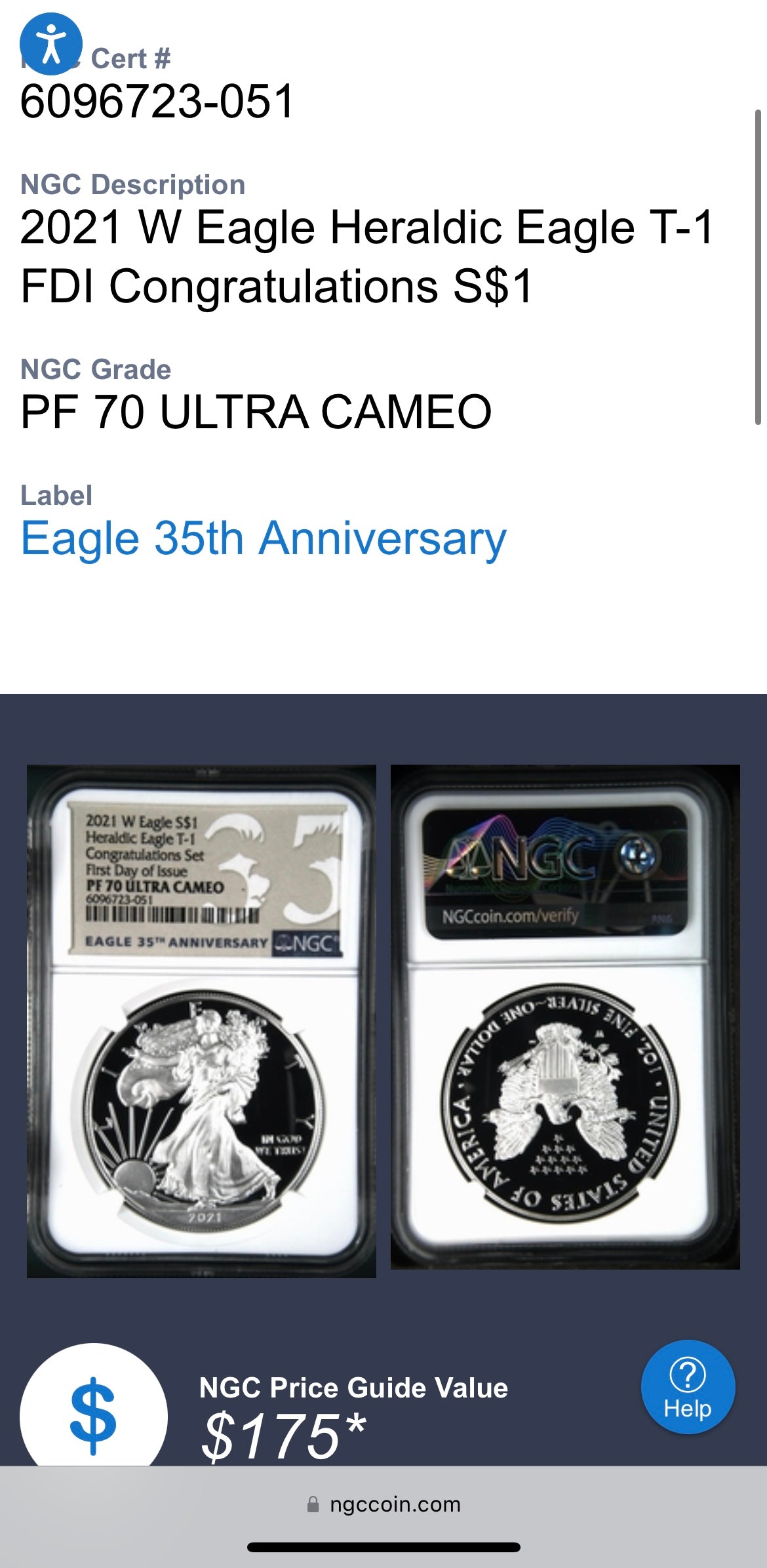 Proof 2021 Type 1 (W) $1 American Silver Eagle NGC PF70 First Day of Issue Congratulations Set 35th Anniversary (1 of 3,141)