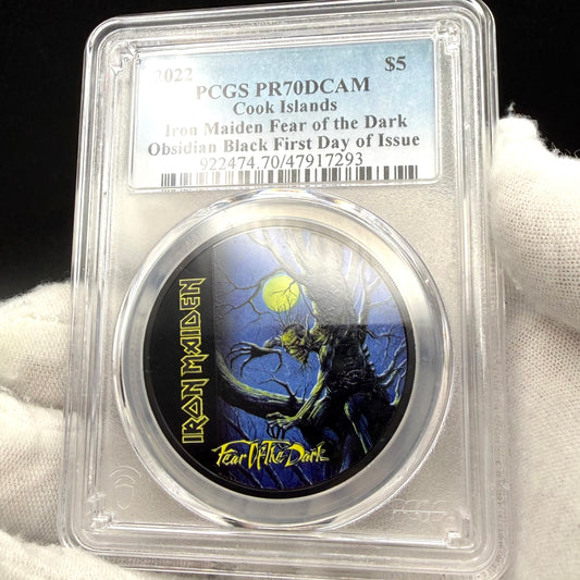 2022 1 oz $5 Cook Islands Silver Dollar PCGS PR70DCAM FDOI Iron Maiden Fear of the Dark Black Obsidian Finish (1 of 62)