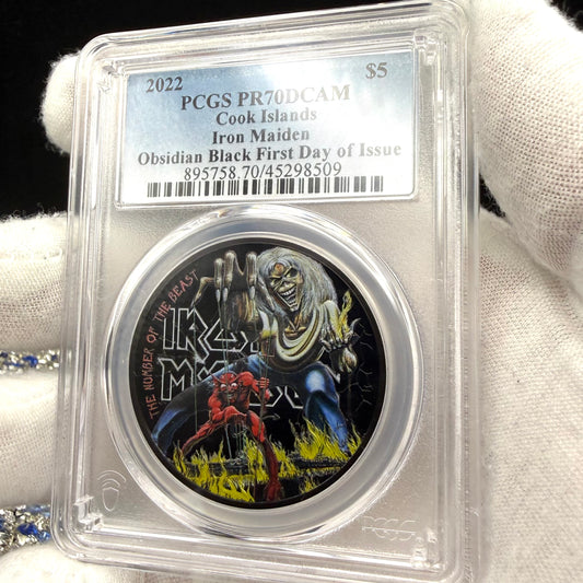 2022 1 oz $5 Cook Islands Silver Dollar PCGS PR70DCAM FDOI Iron Maiden 'The Number of the Beast'Black Obsidian Finish (1 of 249)