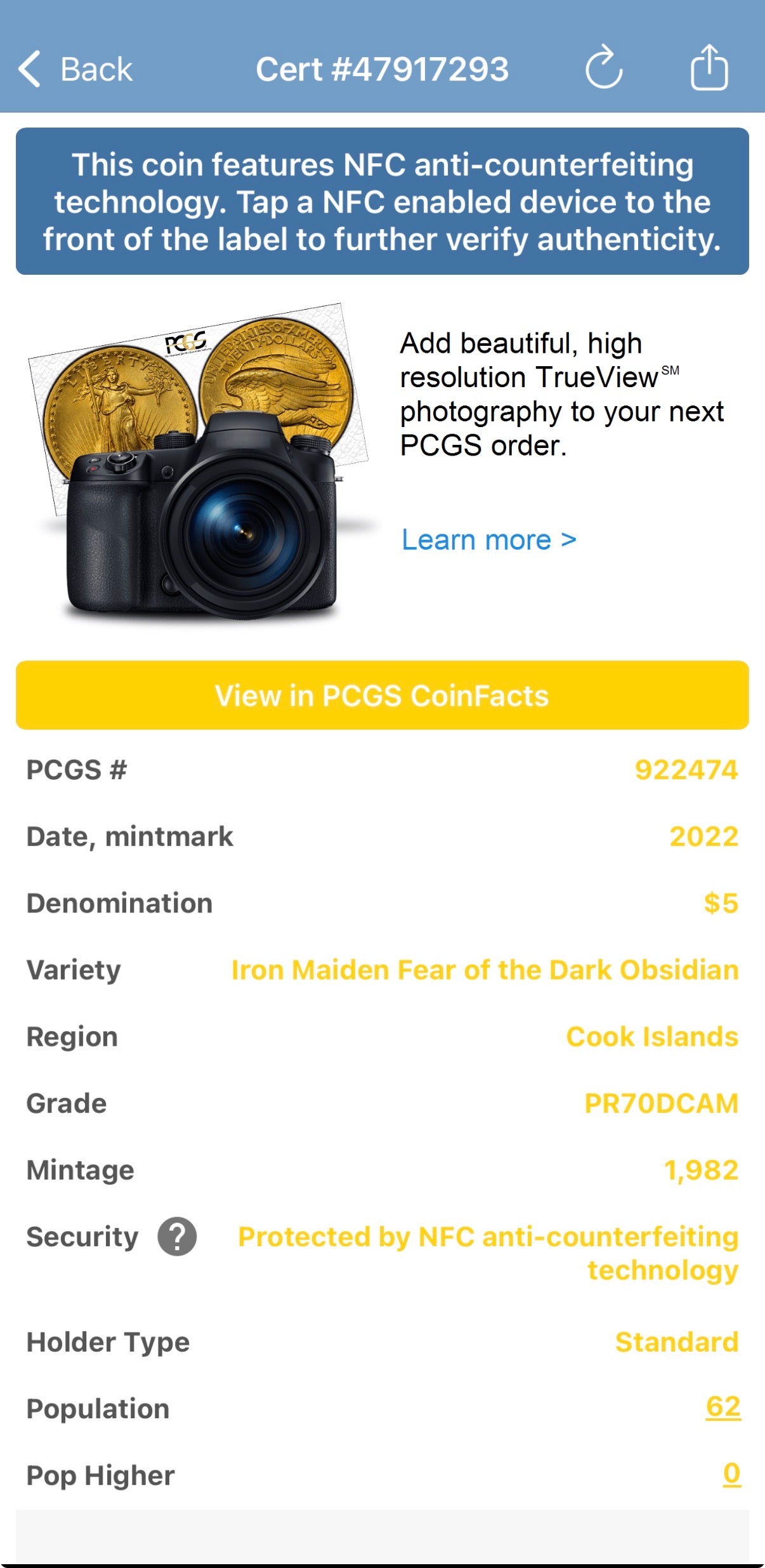 2022 1 oz $5 Cook Islands Silver Dollar PCGS PR70DCAM FDOI Iron Maiden Fear of the Dark Black Obsidian Finish (1 of 62)