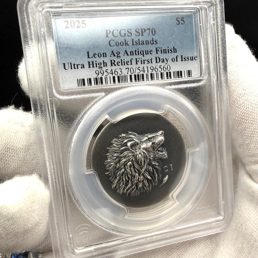 2025 1 oz $5 Cook Islands Silver Dollar PCGS FDOI SP70 Burnished Ultra High Relief Leon Antique Finish (1 of 50) Mint!