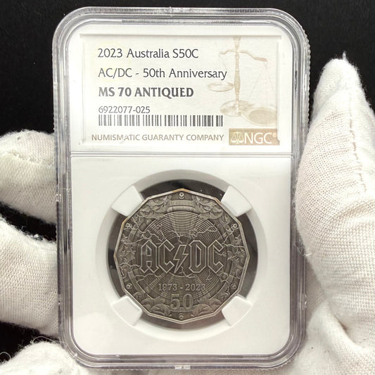2023 S50C Australia Silver Dollar NGC MS70 AC/DC 50th Anniversary Antique Finish (1 of 21)
