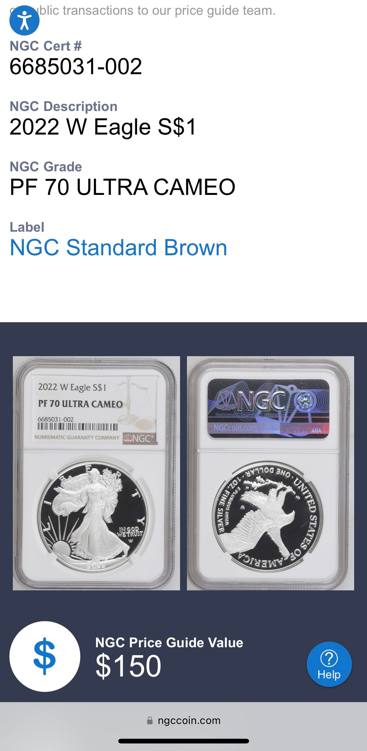 Proof 2022 (W) $1 American Silver Eagle NGC PF70 Modern Brown Label (1 of 5,895)