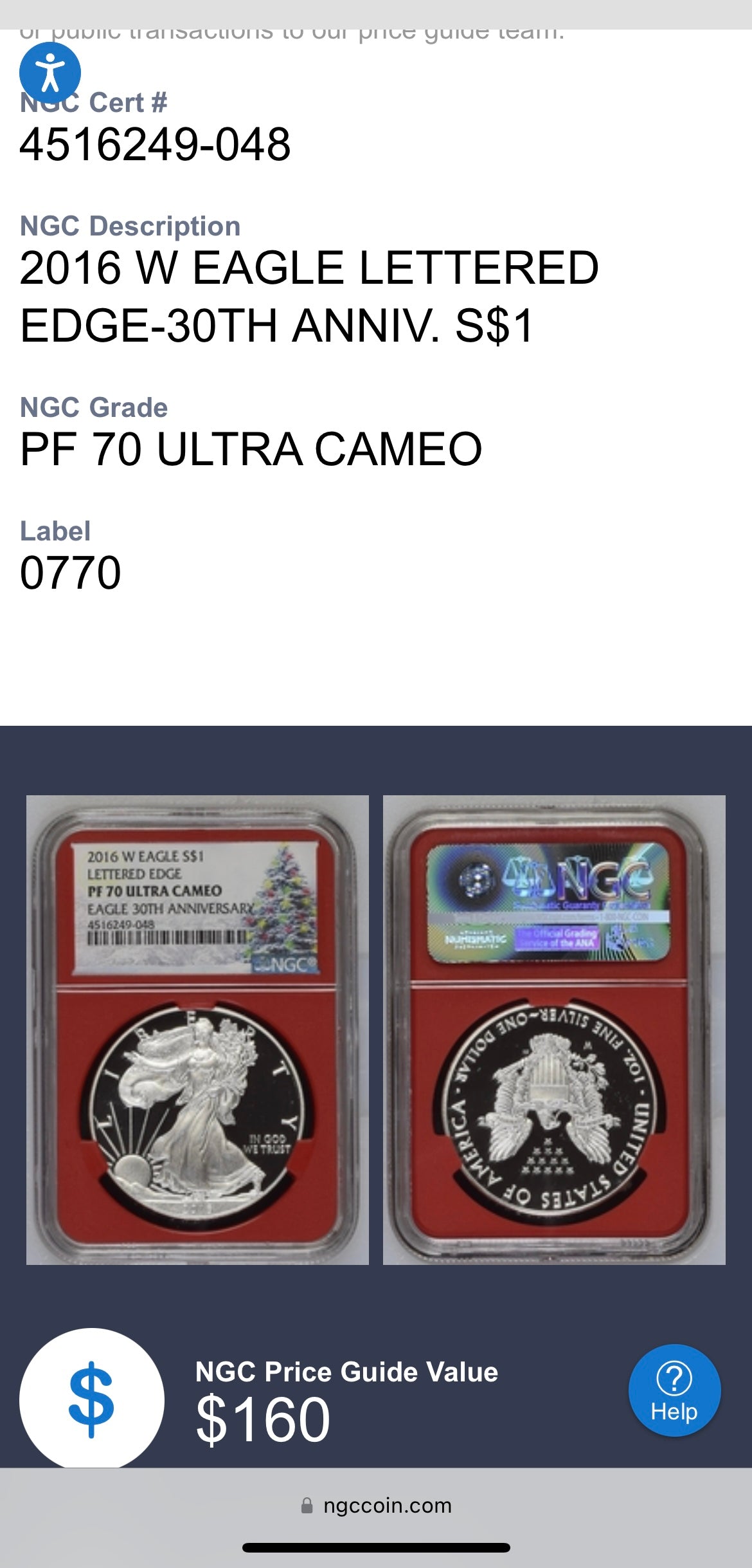 Proof 2016 (W) $1 American Silver Eagle NGC PF70 Christmas Tree (Lettered Edge) 30th Anniversary Label Red Core