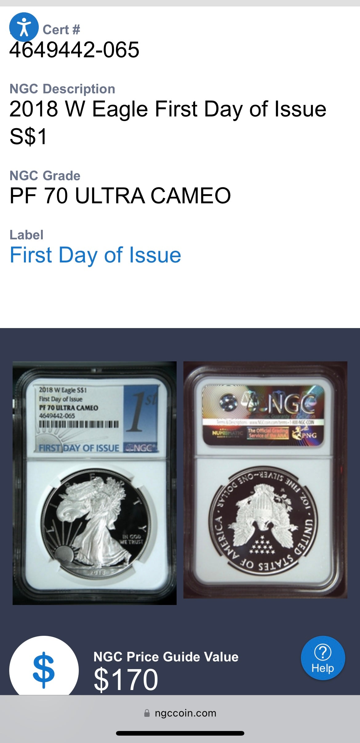 Proof 2018 (W) $1 American Silver Eagle NGC PF70 First Day of Issue (1 of 4,262)