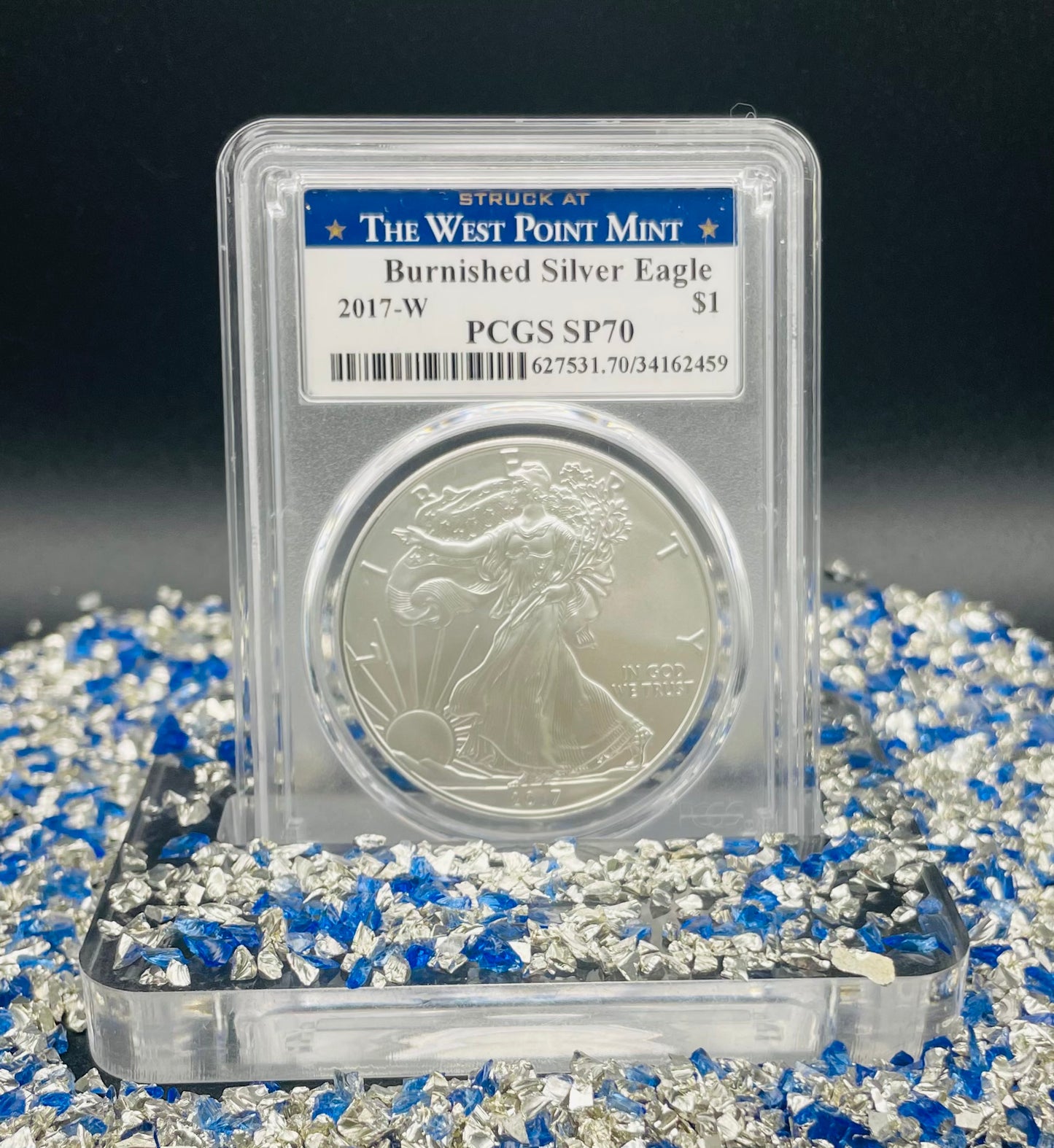 Burnished 2017 (W) $1 American Silver Eagle PCGS SP70 Blue West Point Label Mint Condition (1 of 18,796)