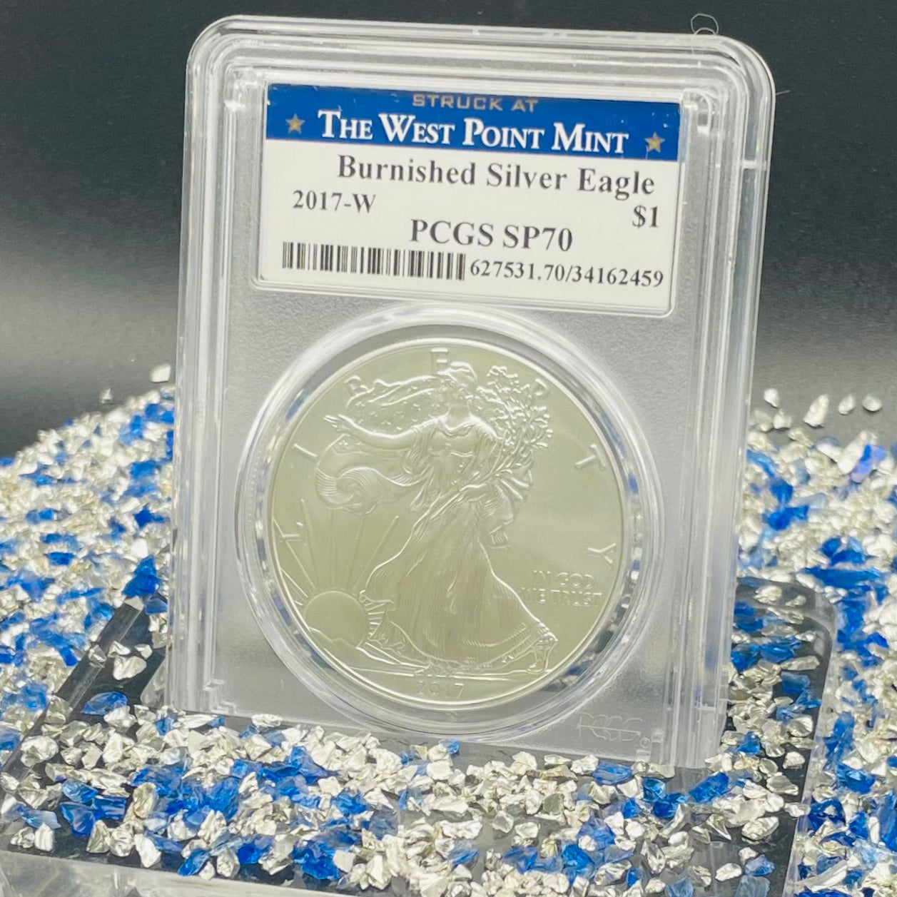 Burnished 2017 (W) $1 American Silver Eagle PCGS SP70 Blue West Point Label Mint Condition (1 of 18,796)