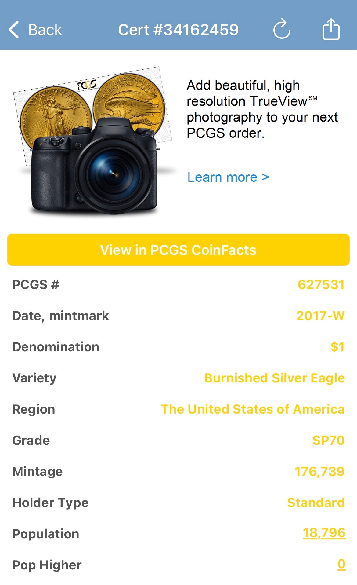 Burnished 2017 (W) $1 American Silver Eagle PCGS SP70 Blue West Point Label Mint Condition (1 of 18,796)