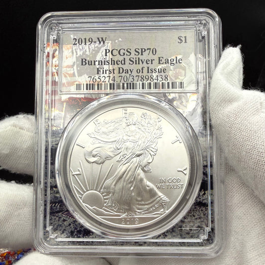 Burnished 2019 (W) $1 American Silver Eagle PCGS SP70 FDOI Apollo Label - Rare 1 of 137 Mint!