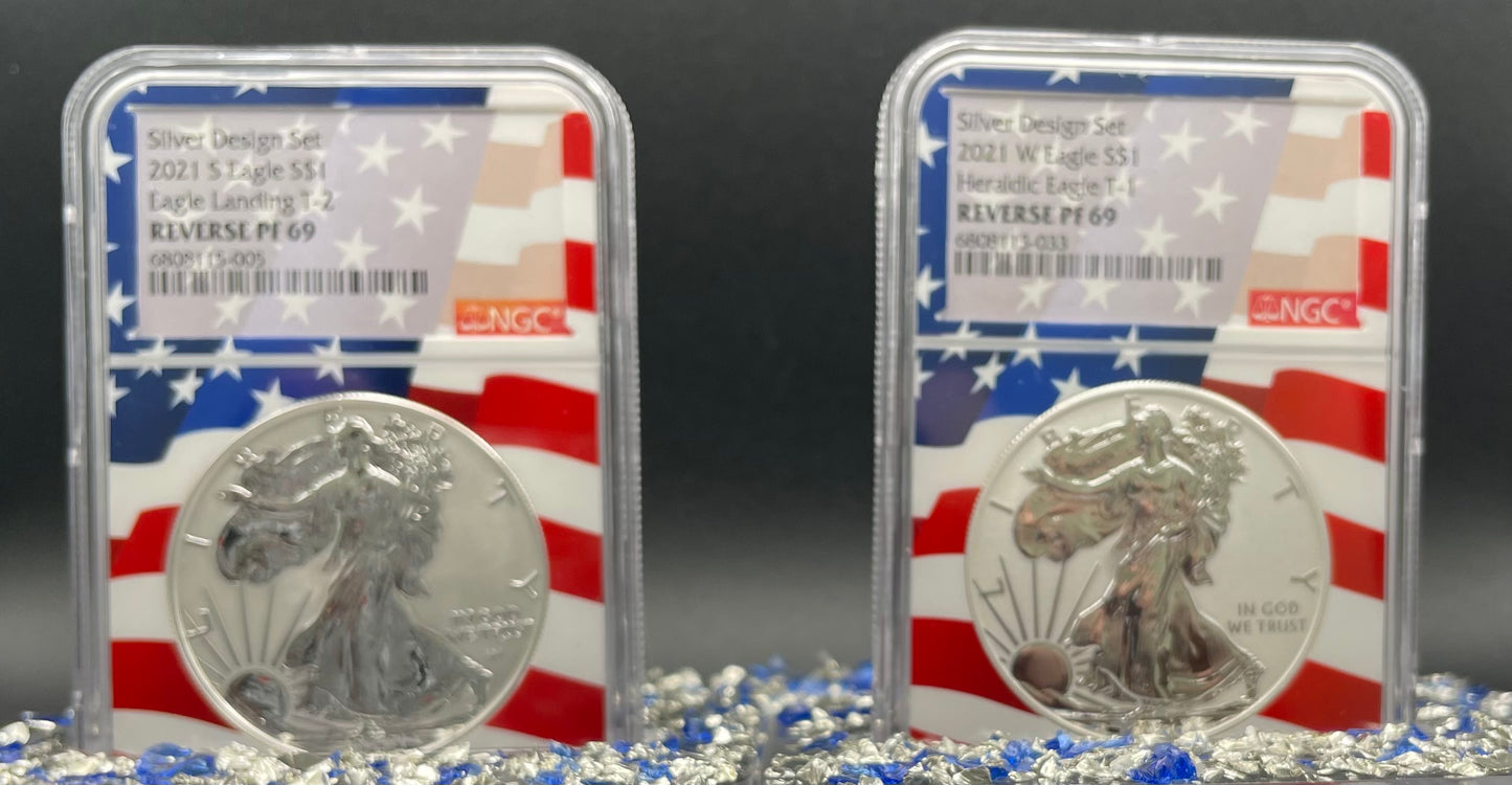 Reverse Proof 2021 Type 1 and Type 2 (2 Coin Set) $1 American Silver Eagle NGC PF69 Heraldic Eagle Label Flag Holder Mint Condition